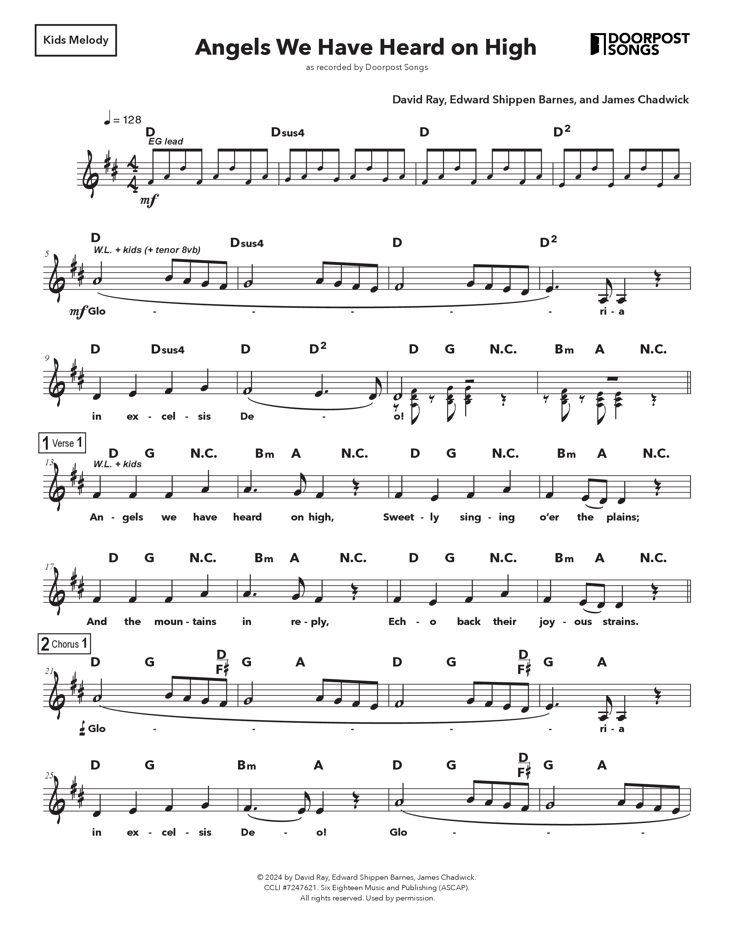 Angels We Have Heard On High (Kids) Lead Sheet Melody (Doorpost Songs)