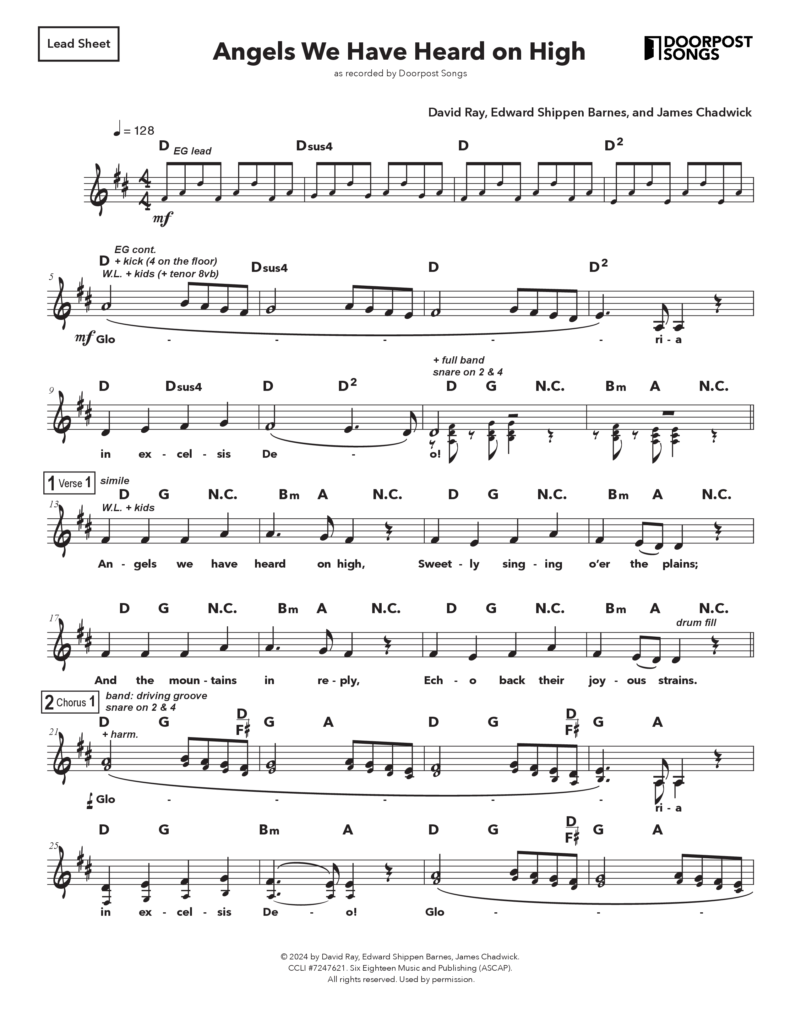 Angels We Have Heard On High (Kids) Lead Sheet (SAT) (Doorpost Songs)