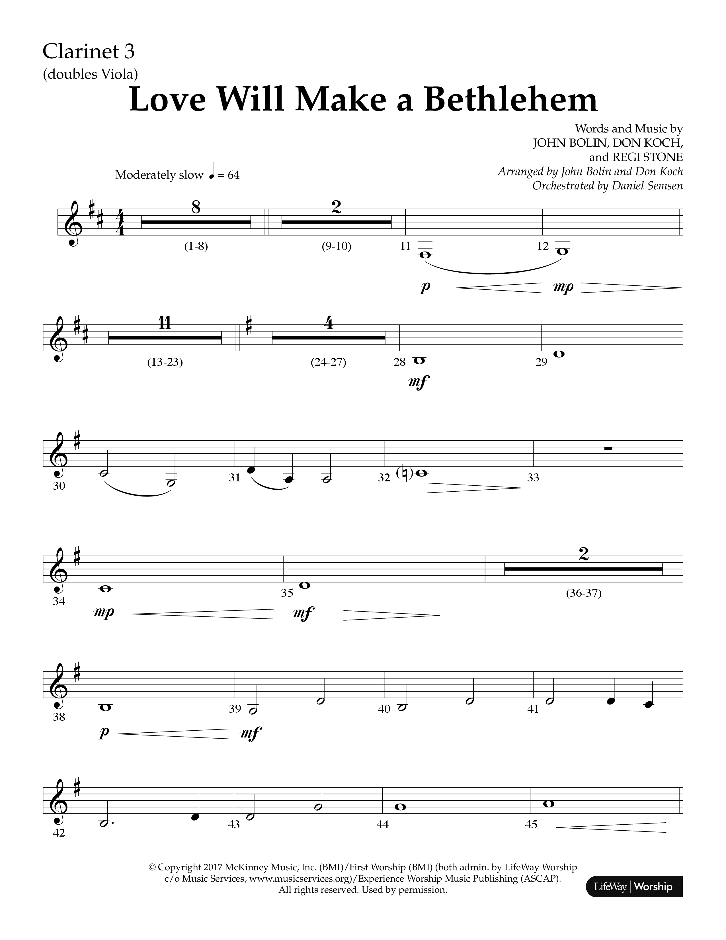 Love Will Make A Bethlehem (Choral Anthem SATB) Clarinet 3 (Lifeway Choral / Arr. John Bolin / Arr. Don Koch)