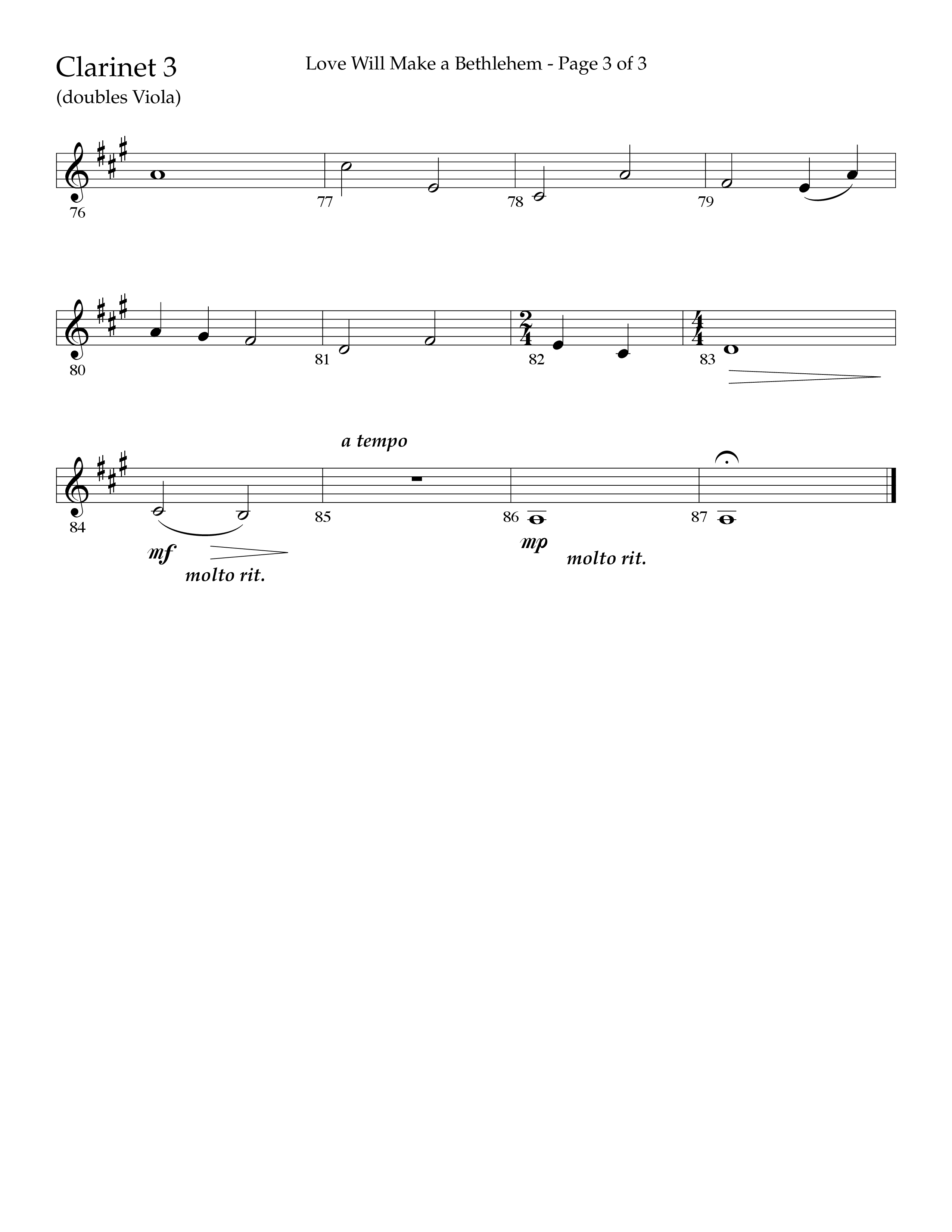 Love Will Make A Bethlehem (Choral Anthem SATB) Clarinet 3 (Lifeway Choral / Arr. John Bolin / Arr. Don Koch)