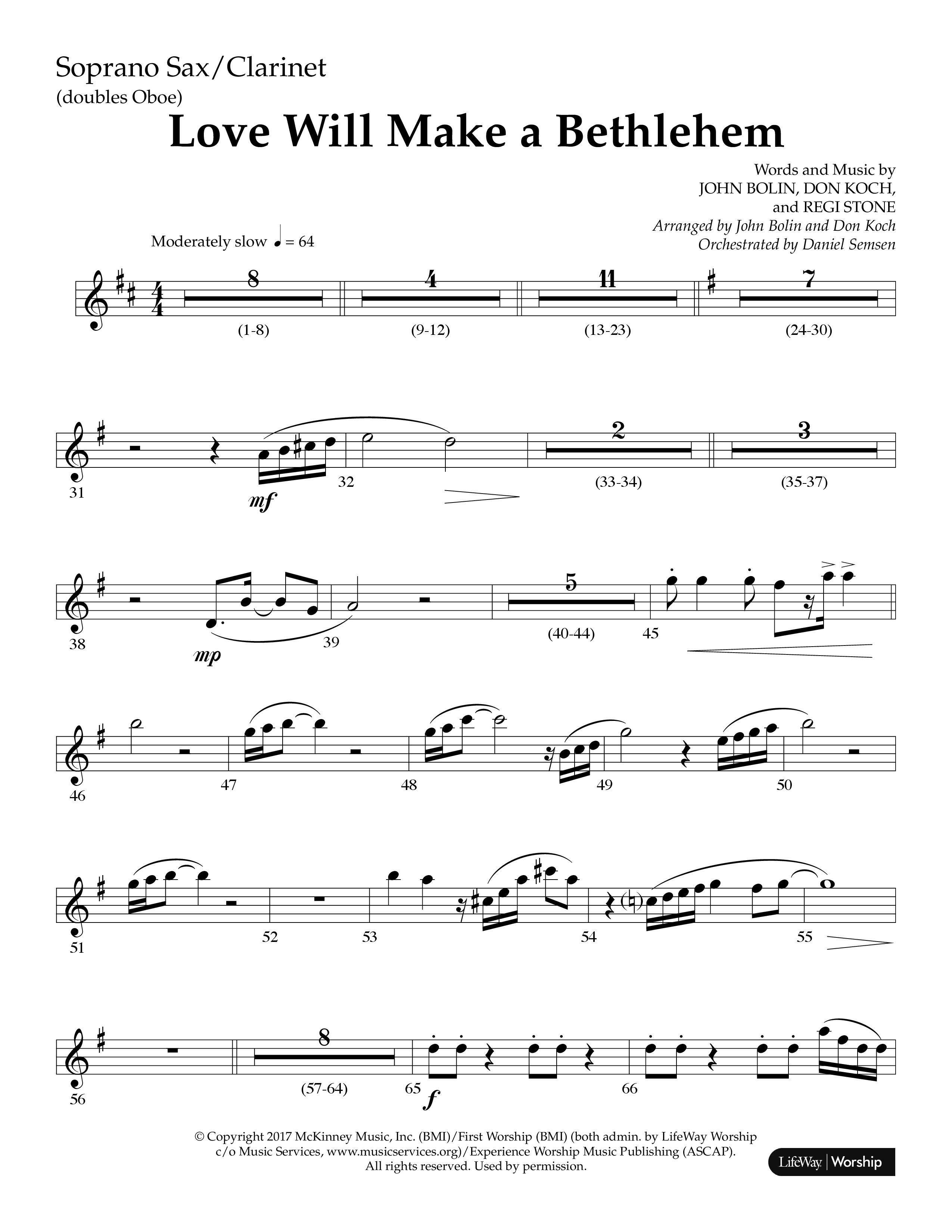 Love Will Make A Bethlehem (Choral Anthem SATB) Clarinet/Soprano Sax (Lifeway Choral / Arr. John Bolin / Arr. Don Koch)