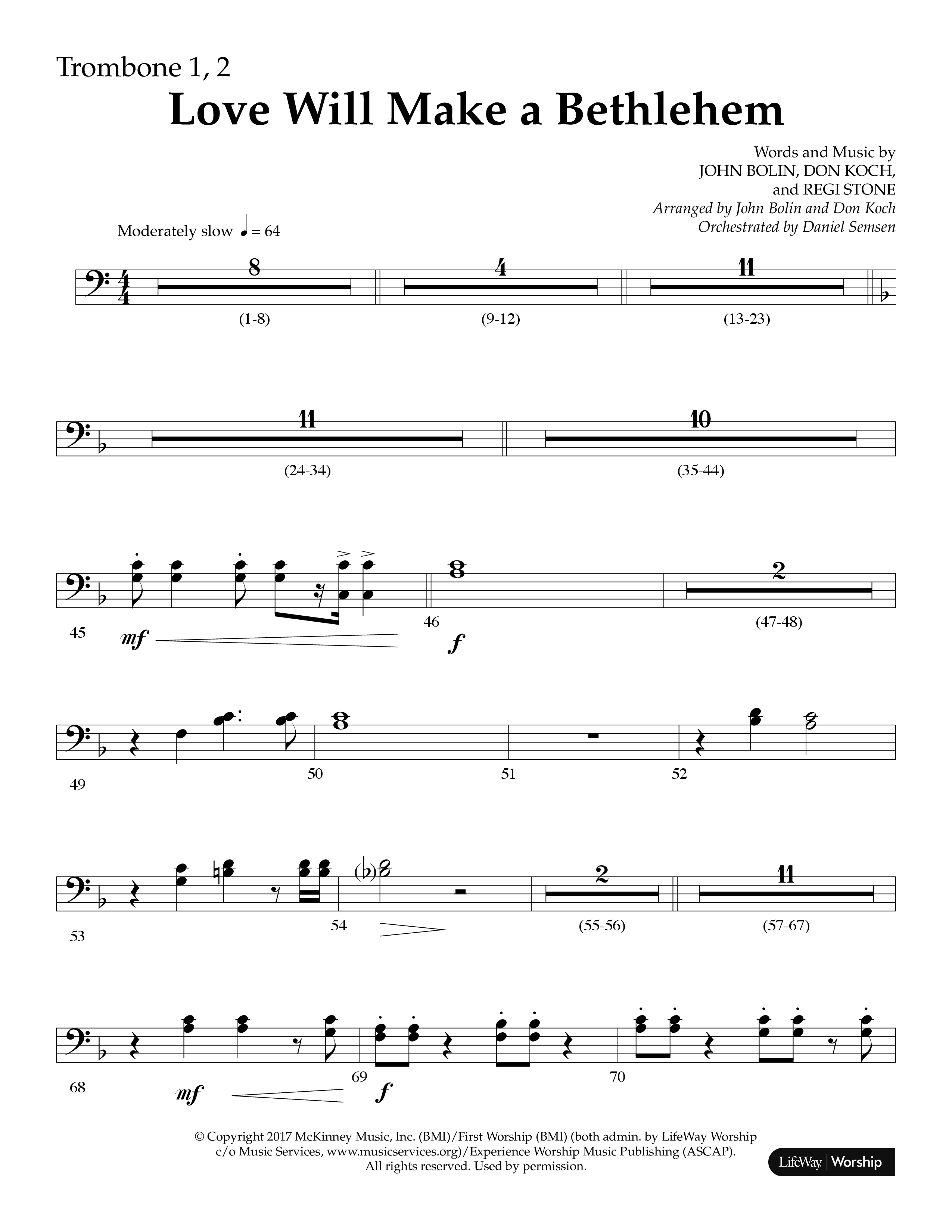 Love Will Make A Bethlehem (Choral Anthem SATB) Trombone 1/2 (Lifeway Choral / Arr. John Bolin / Arr. Don Koch)