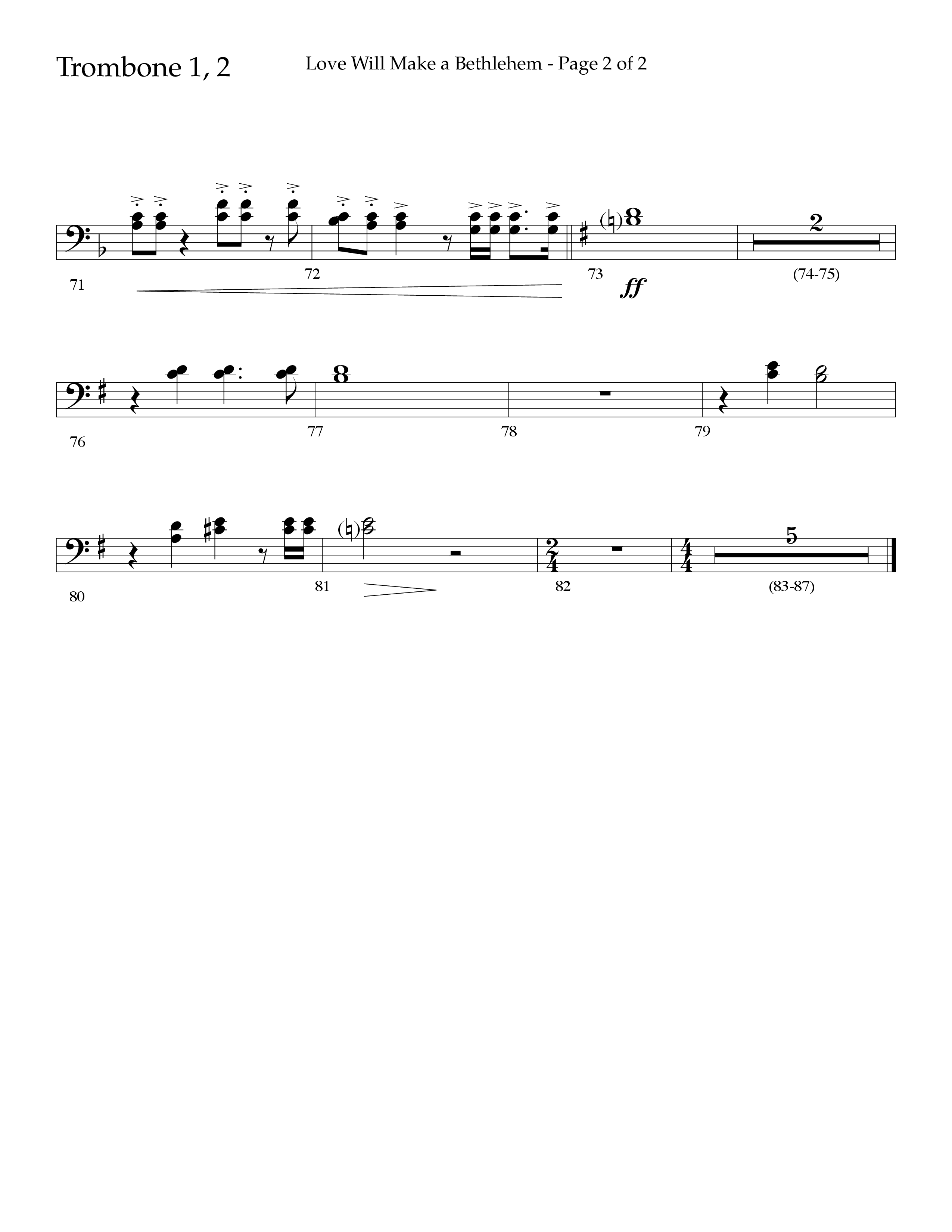 Love Will Make A Bethlehem (Choral Anthem SATB) Trombone 1/2 (Lifeway Choral / Arr. John Bolin / Arr. Don Koch)