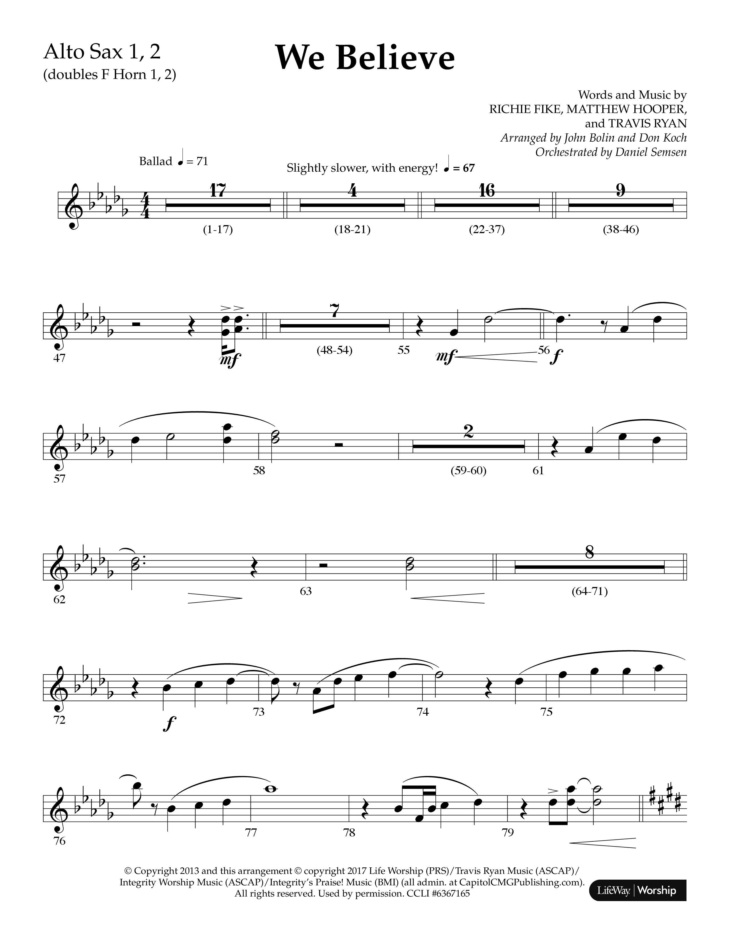 We Believe (Choral Anthem SATB) Alto Sax 1/2 (Lifeway Choral / Arr. John Bolin / Arr. Don Koch)