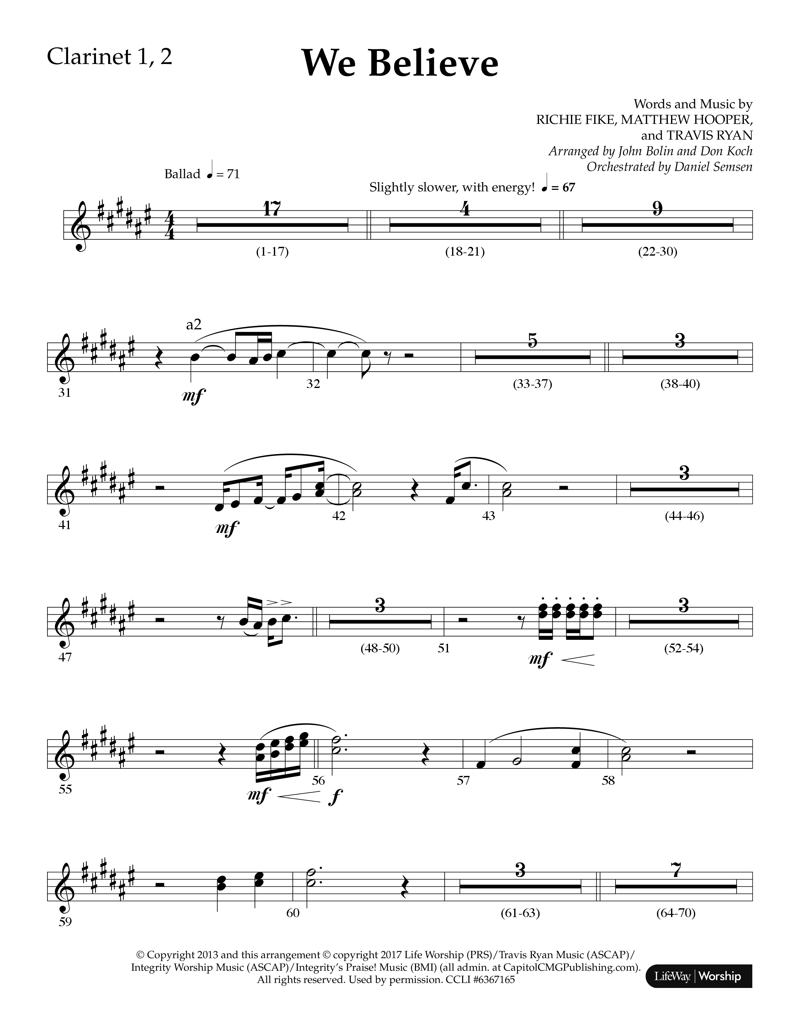 We Believe (Choral Anthem SATB) Clarinet 1/2 (Lifeway Choral / Arr. John Bolin / Arr. Don Koch)