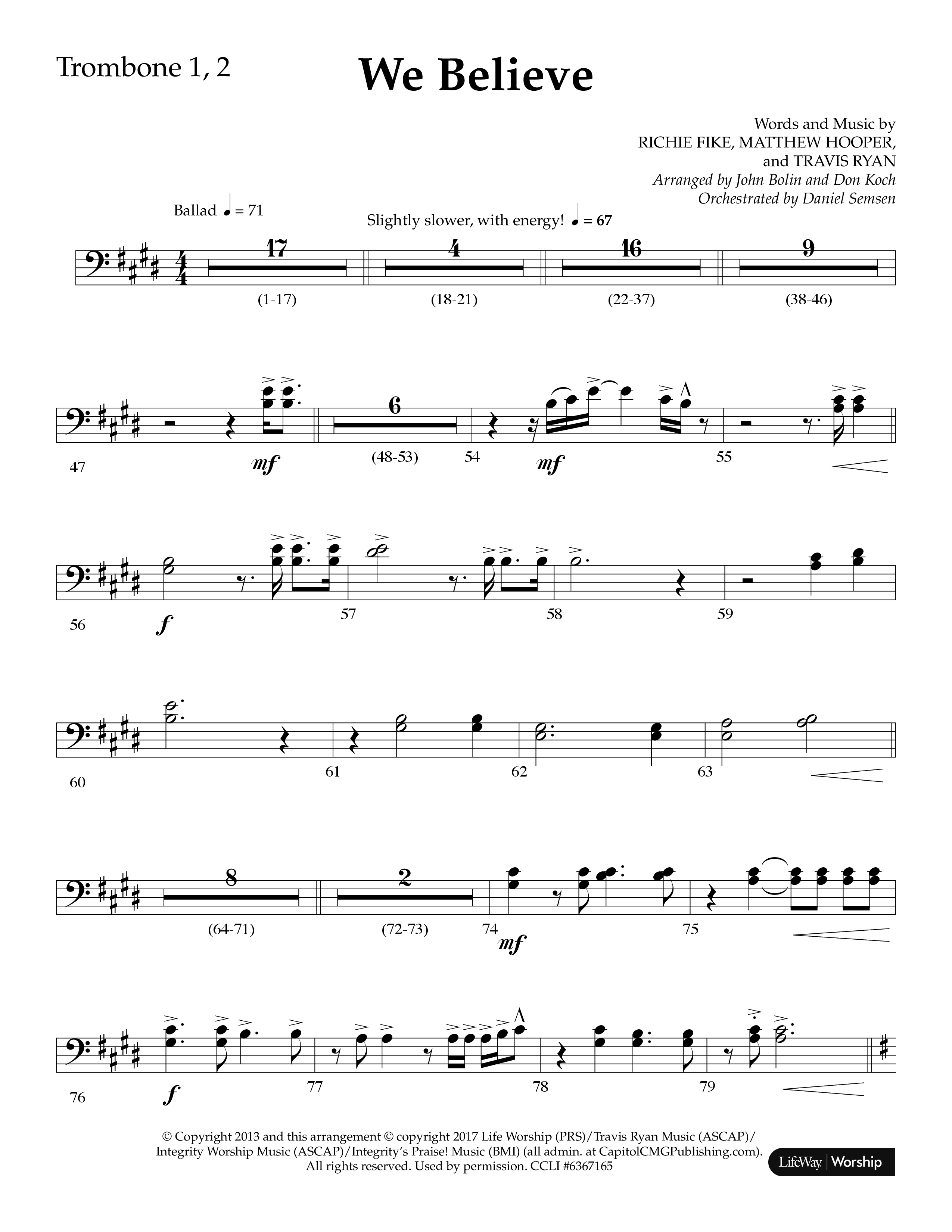 We Believe (Choral Anthem SATB) Trombone 1/2 (Lifeway Choral / Arr. John Bolin / Arr. Don Koch)