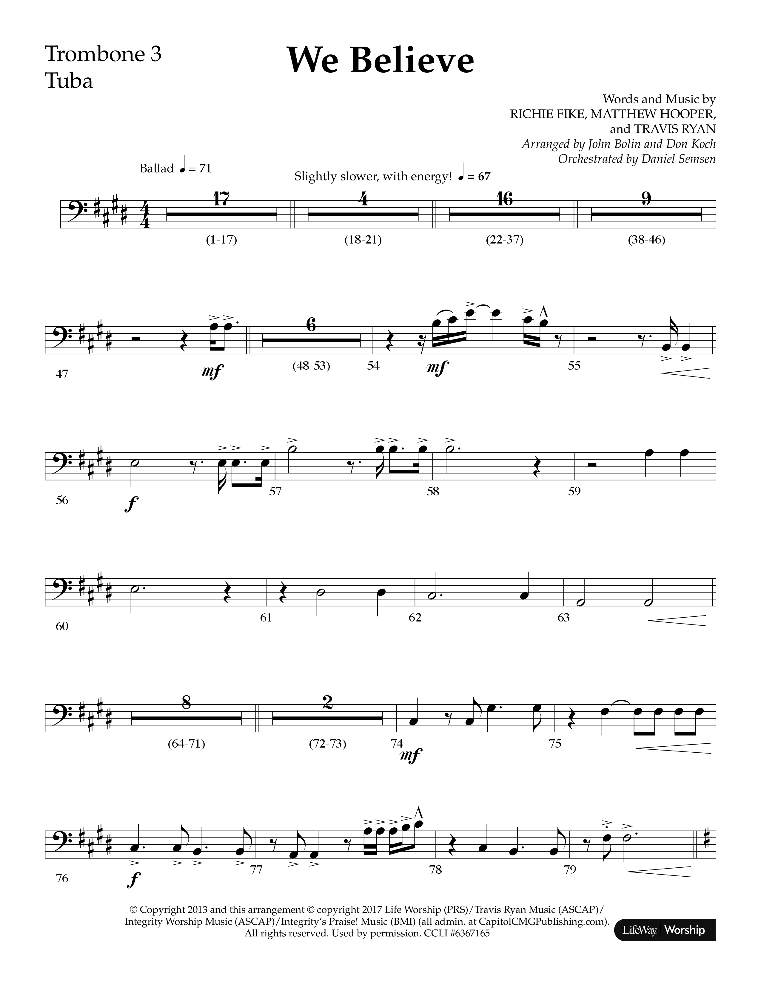 We Believe (Choral Anthem SATB) Trombone 3/Tuba (Lifeway Choral / Arr. John Bolin / Arr. Don Koch)
