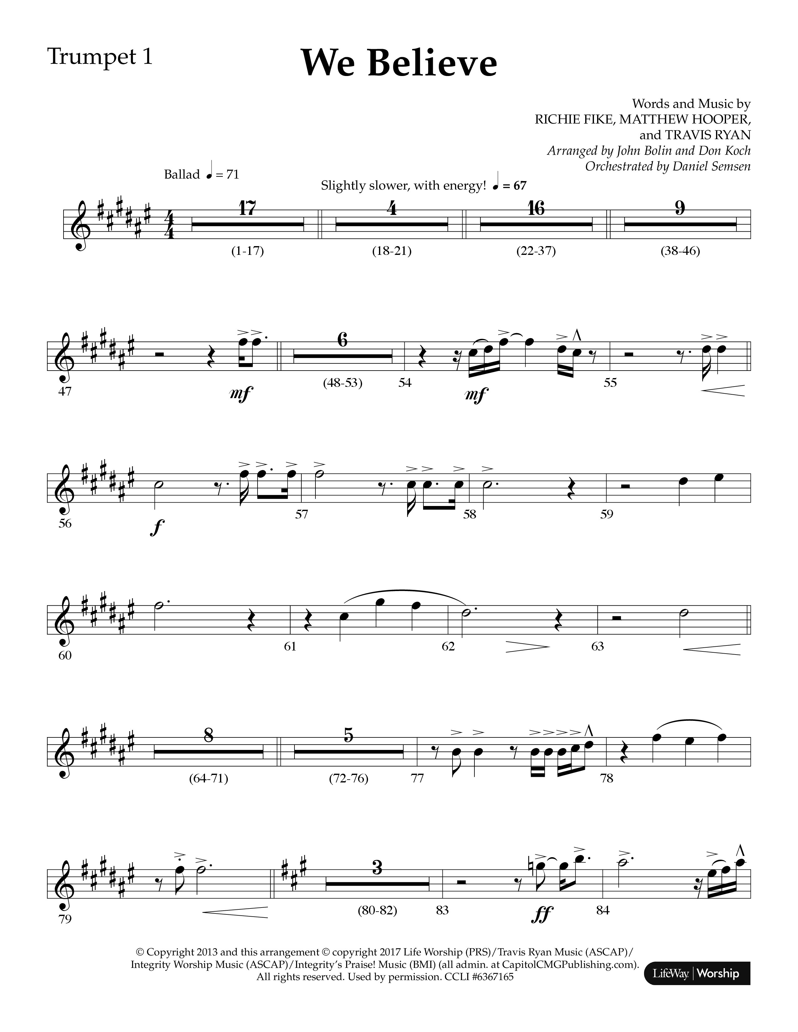 We Believe (Choral Anthem SATB) Trumpet 1 (Lifeway Choral / Arr. John Bolin / Arr. Don Koch)