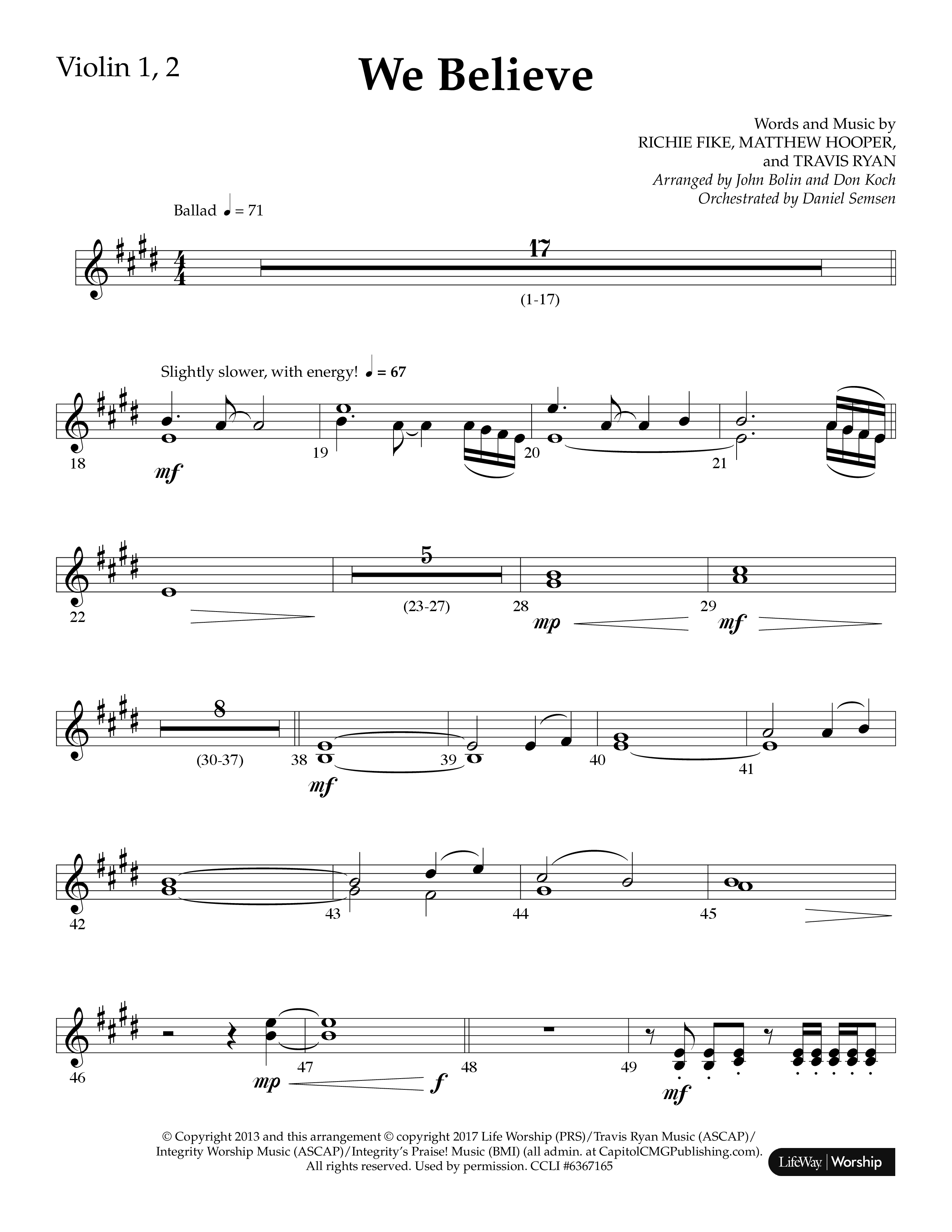 We Believe (Choral Anthem SATB) Violin 1/2 (Lifeway Choral / Arr. John Bolin / Arr. Don Koch)