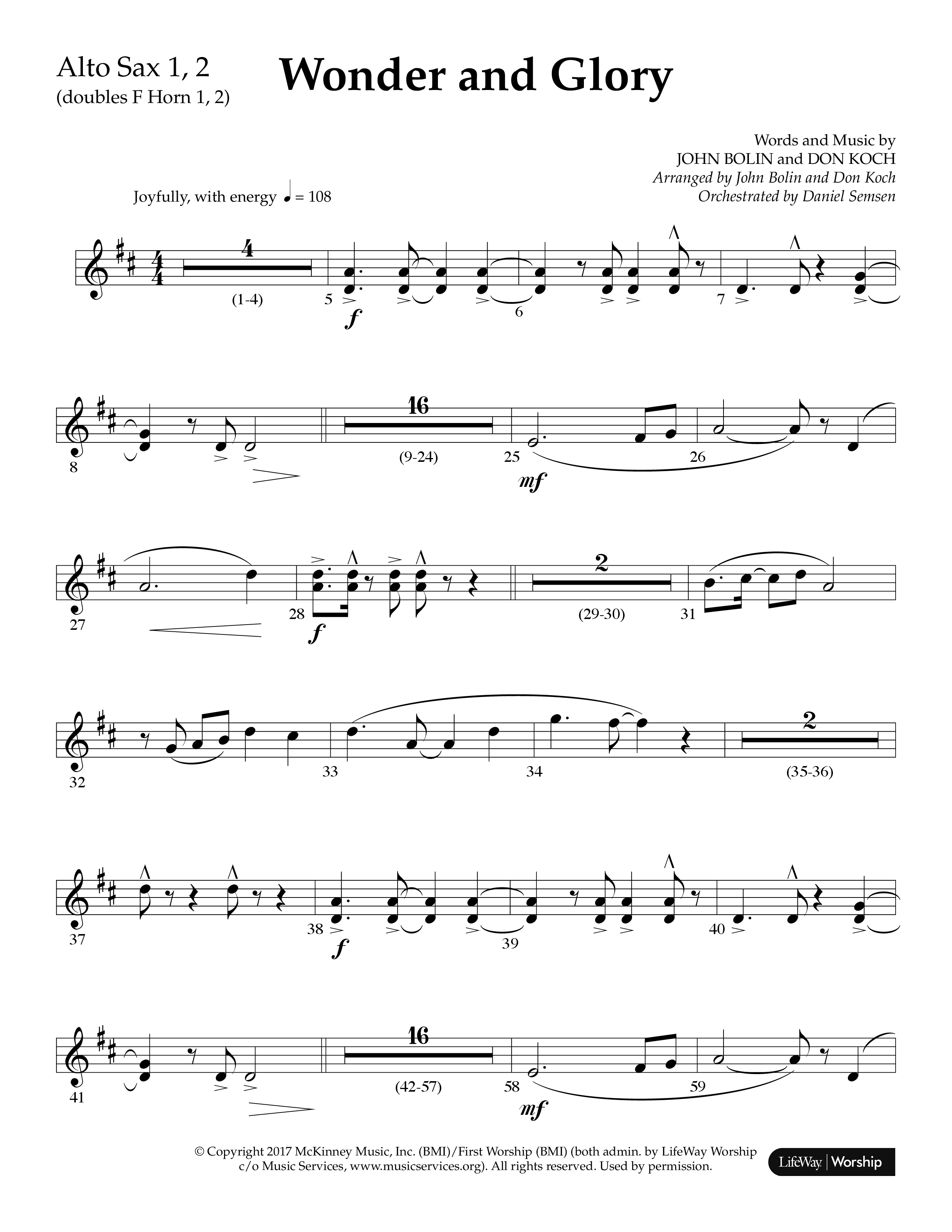 Wonder And Glory (Choral Anthem SATB) Alto Sax 1/2 (Lifeway Choral / Arr. John Bolin / Arr. Don Koch)