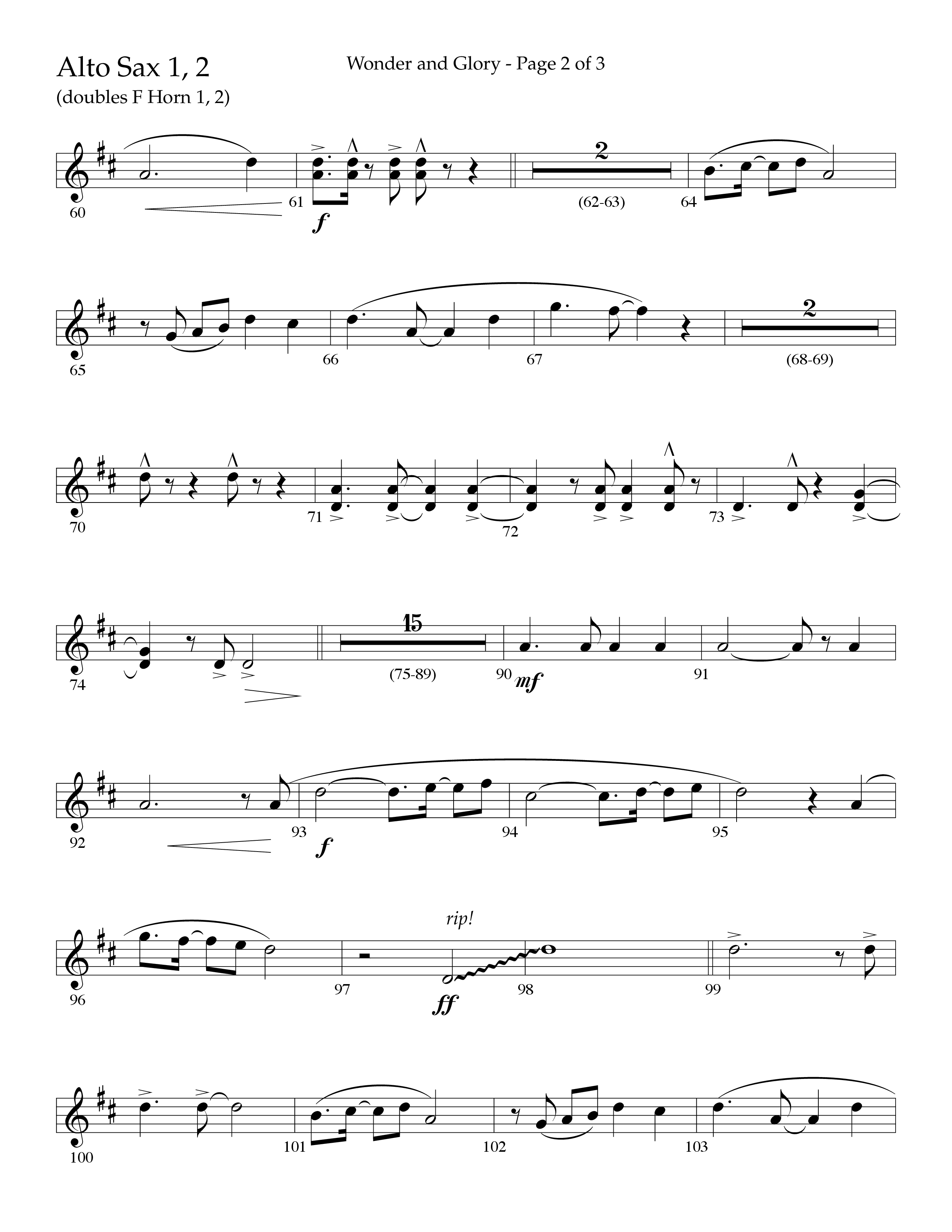 Wonder And Glory (Choral Anthem SATB) Alto Sax 1/2 (Lifeway Choral / Arr. John Bolin / Arr. Don Koch)