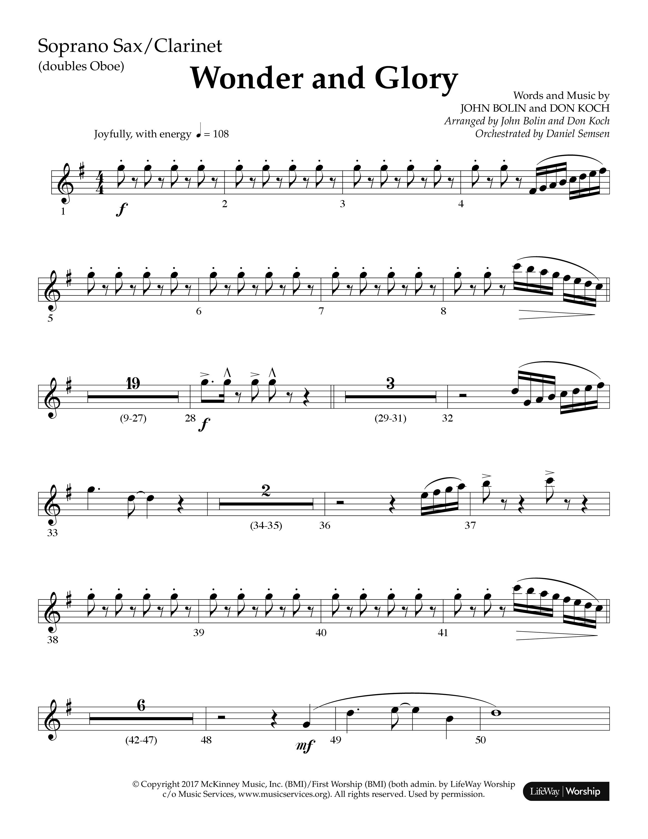 Wonder And Glory (Choral Anthem SATB) Clarinet/Soprano Sax (Lifeway Choral / Arr. John Bolin / Arr. Don Koch)