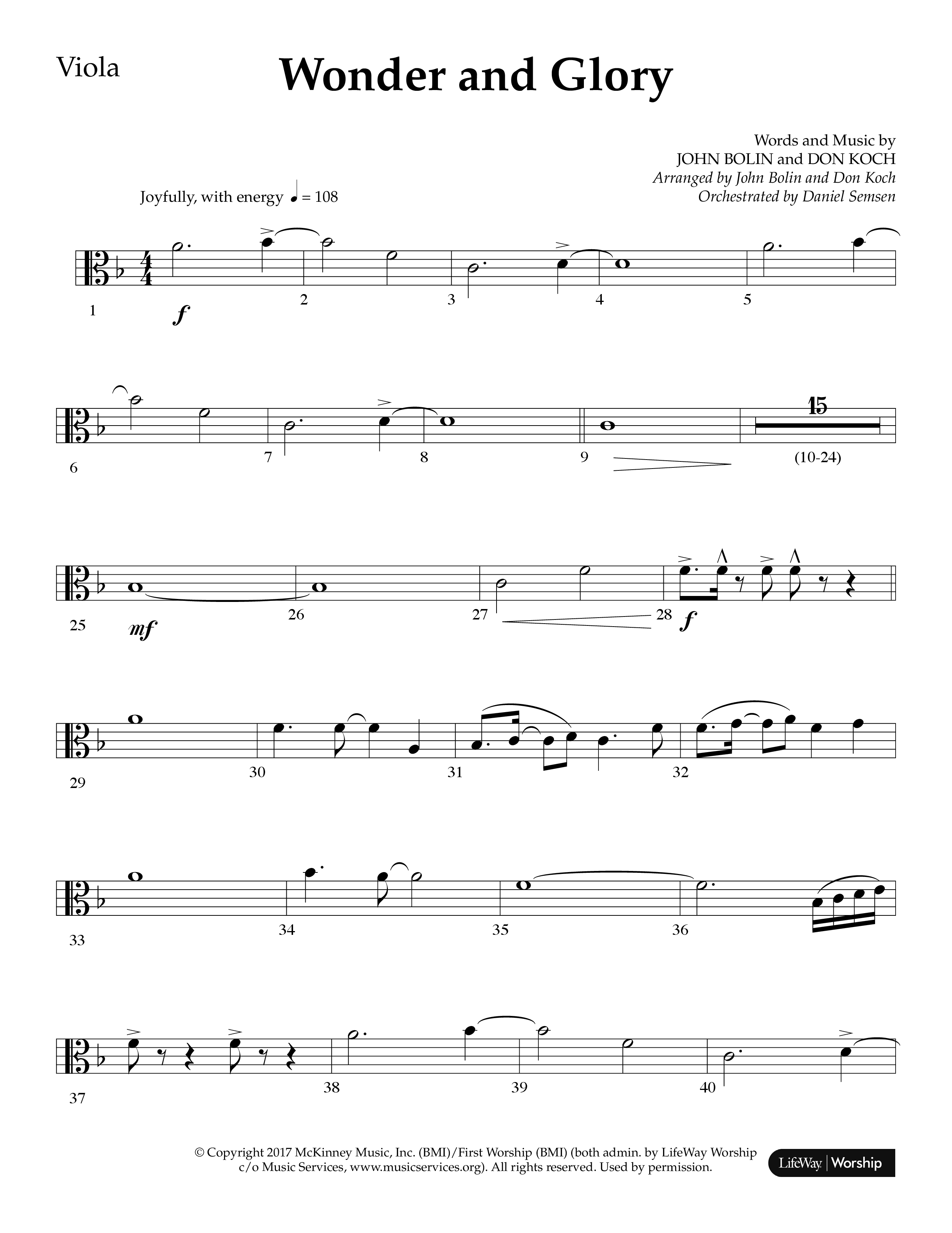 Wonder And Glory (Choral Anthem SATB) Viola (Lifeway Choral / Arr. John Bolin / Arr. Don Koch)
