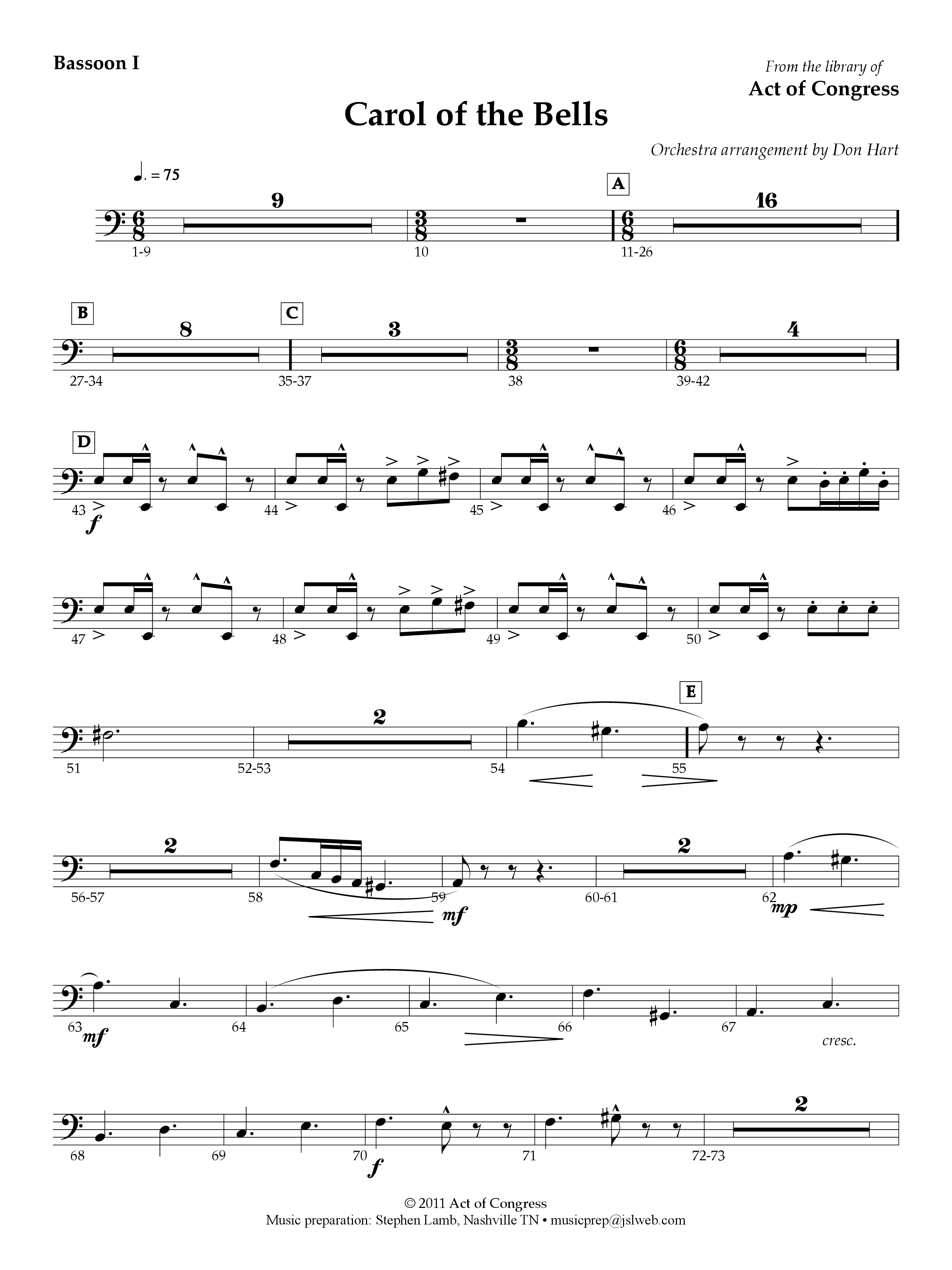 Carol Of The Bells Bassoon (Act Of Congress / Orch. Don Hart)