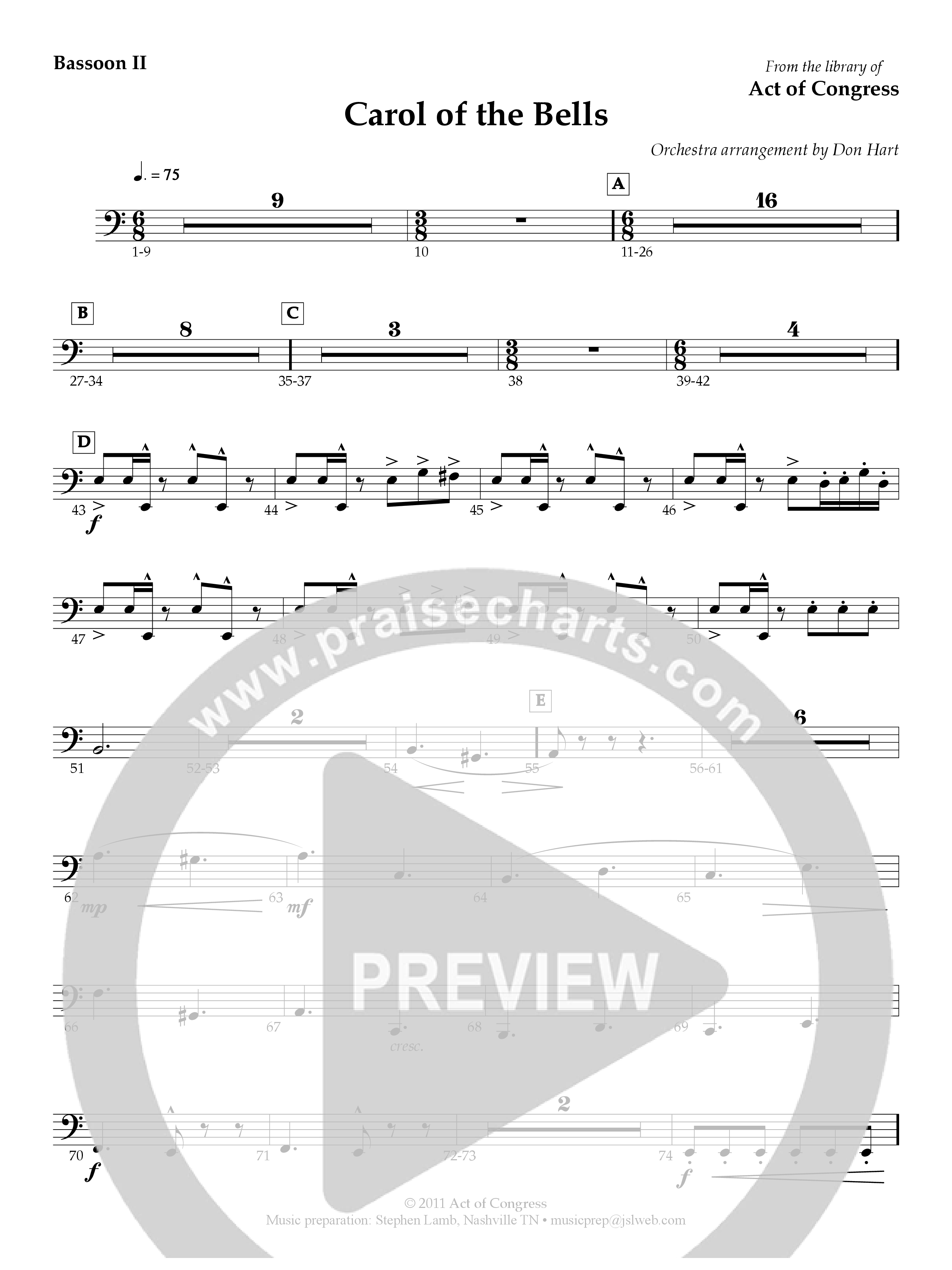 Carol Of The Bells Bassoon (Act Of Congress / Orch. Don Hart)