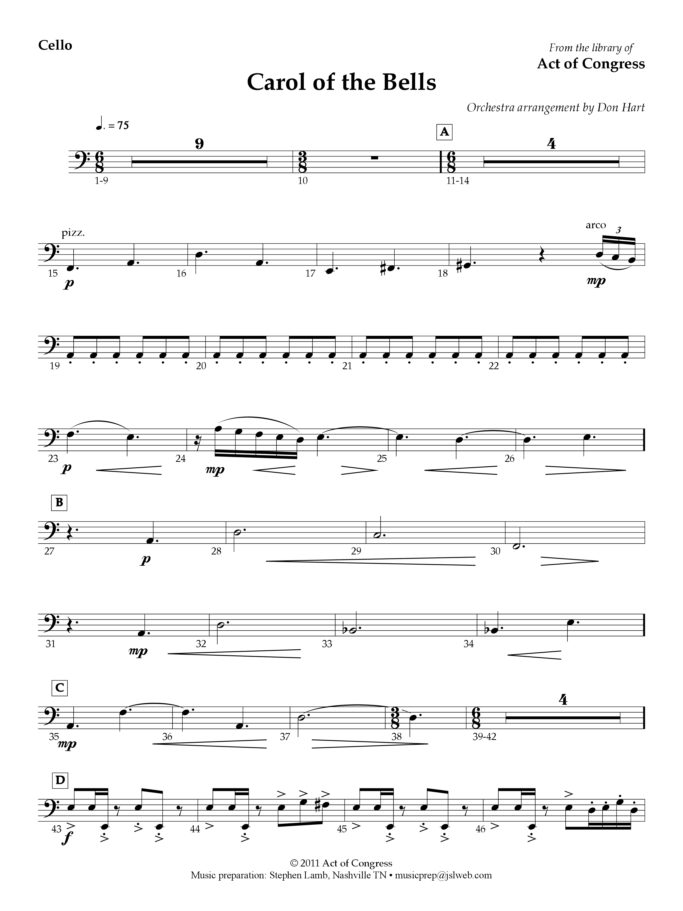 Carol Of The Bells Cello (Act Of Congress / Orch. Don Hart)