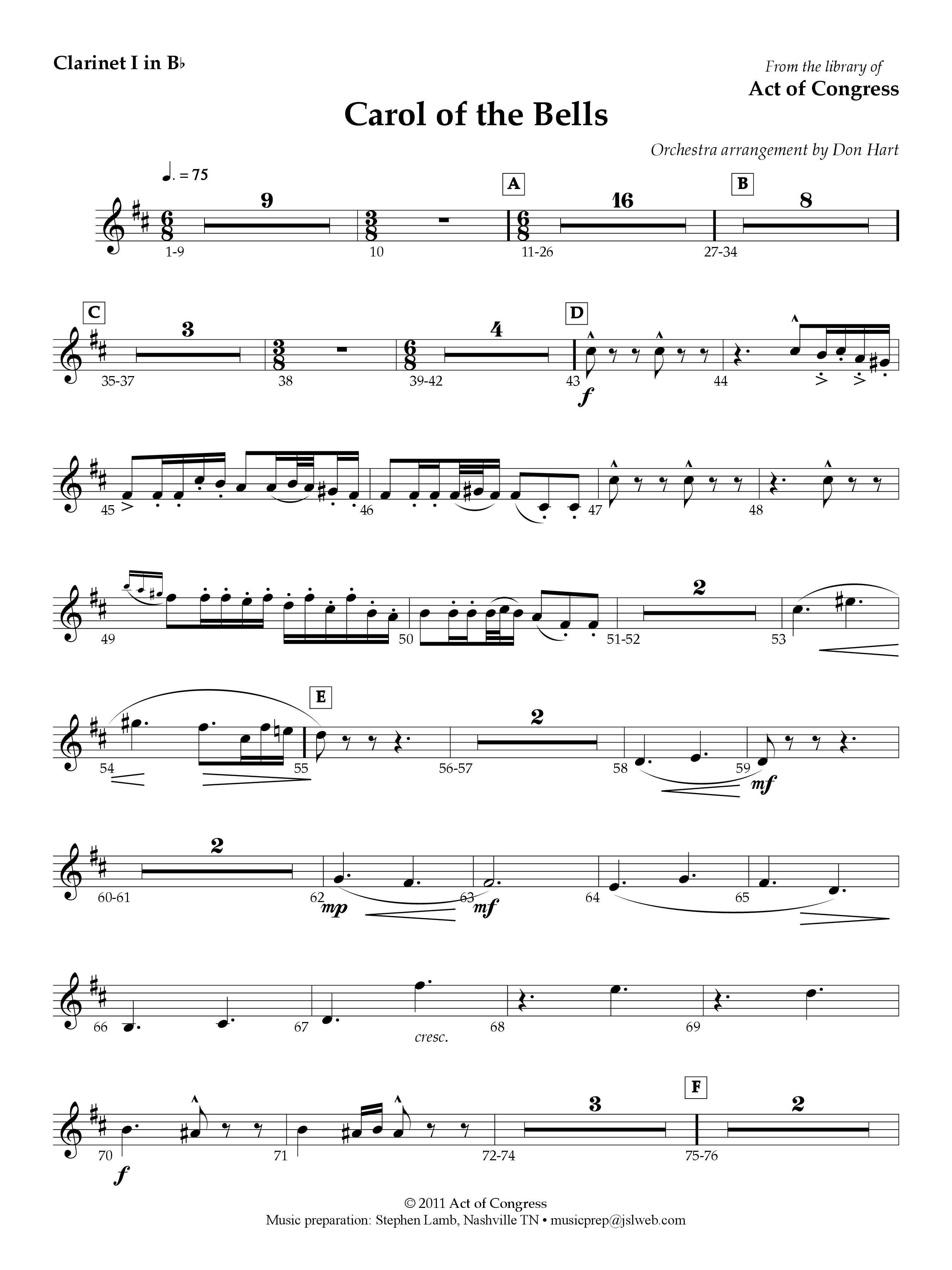 Carol Of The Bells Clarinet (Act Of Congress / Orch. Don Hart)