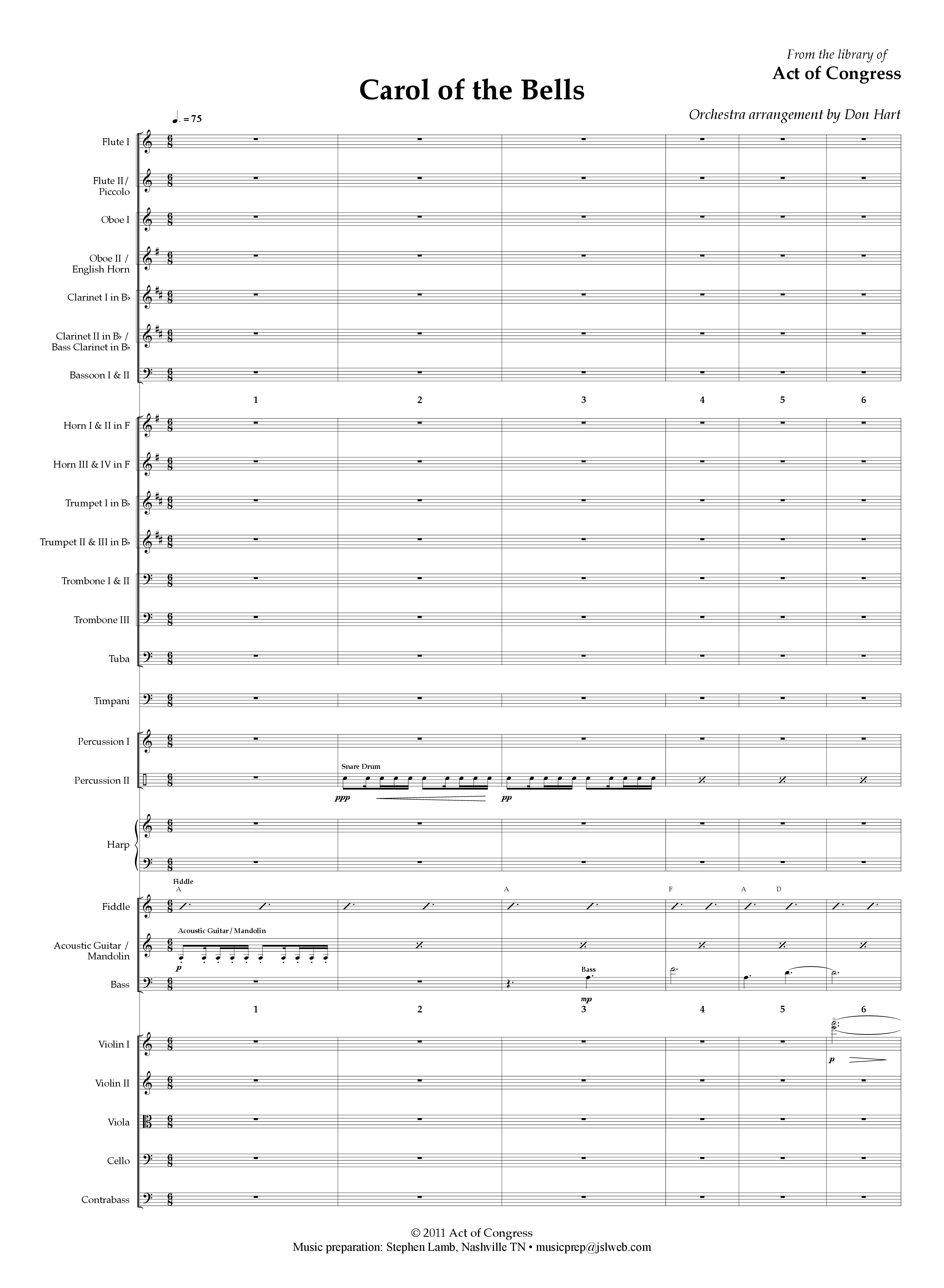 Carol Of The Bells Conductor's Score (Act Of Congress / Orch. Don Hart)
