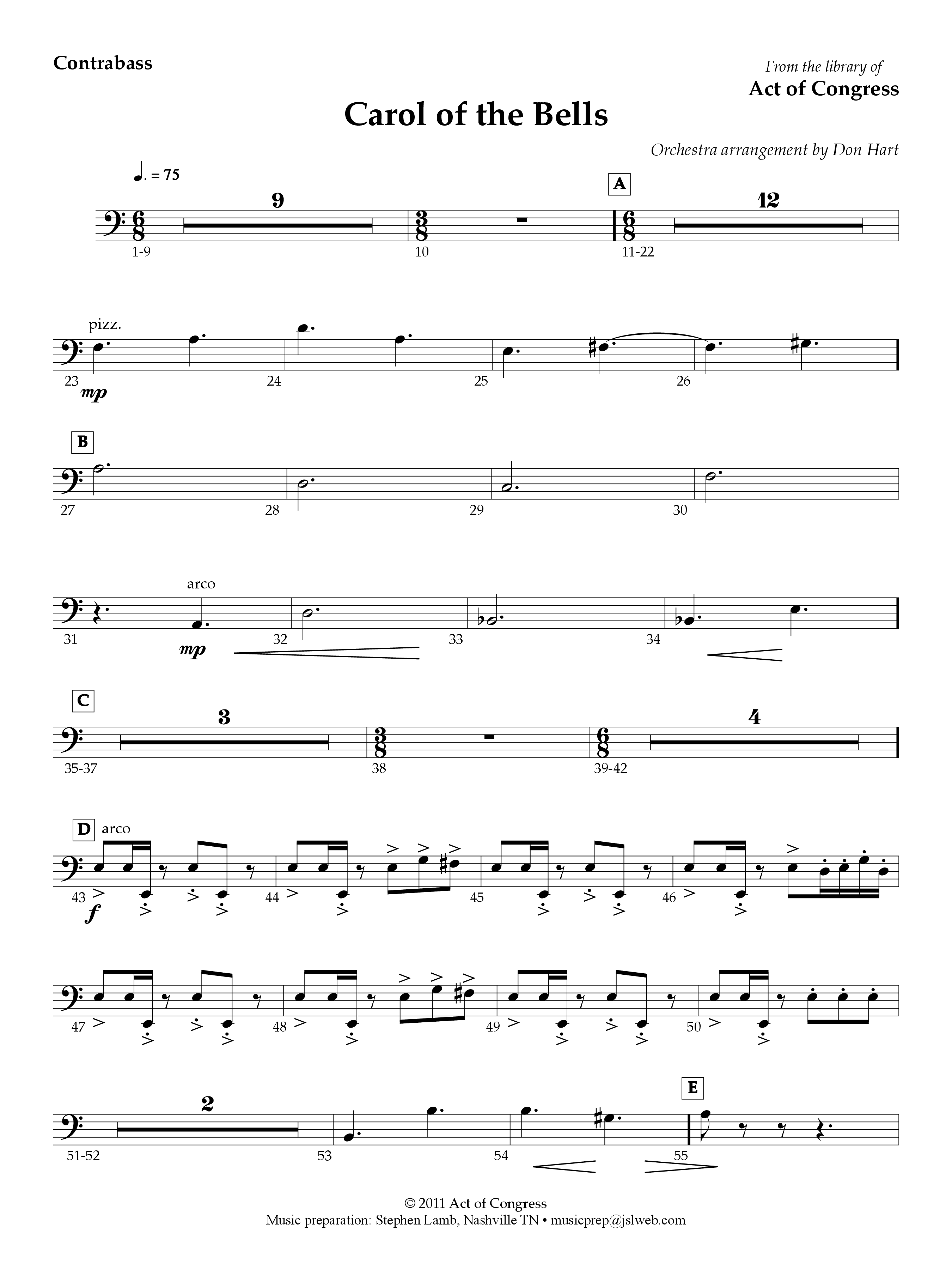 Carol Of The Bells Contrabass (Act Of Congress / Orch. Don Hart)