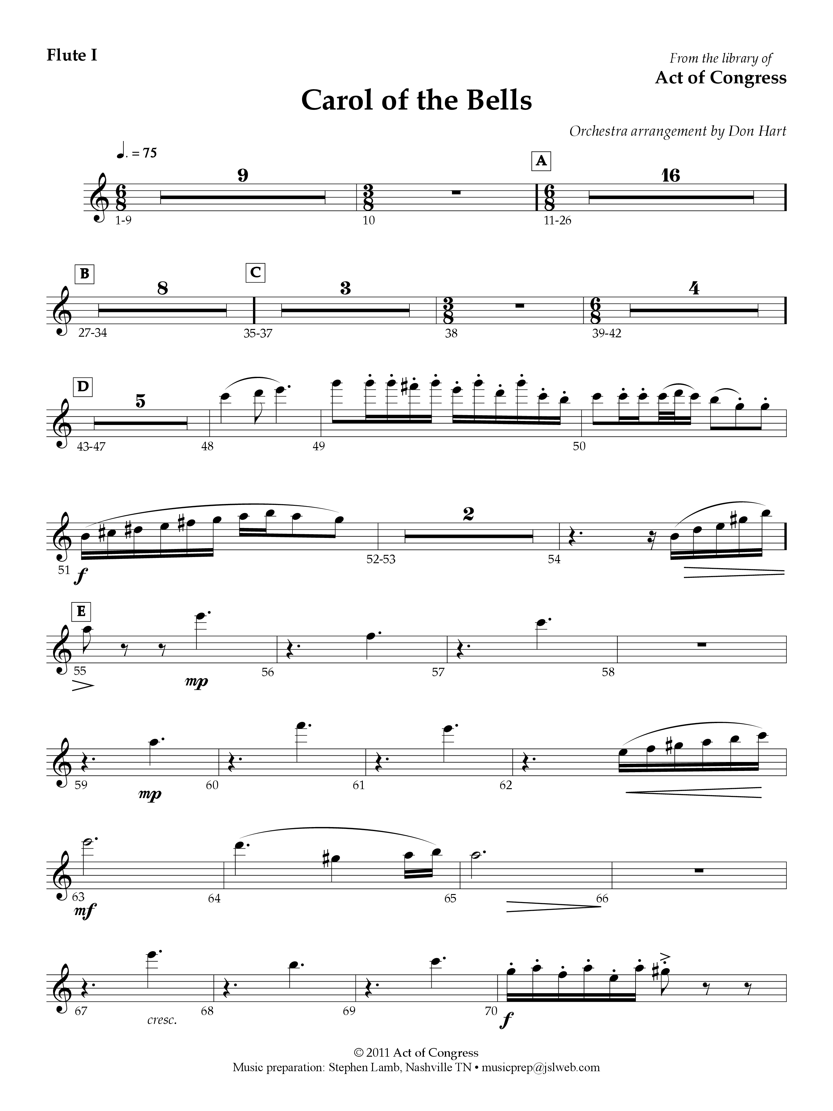 Carol Of The Bells Flute/Piccolo (Act Of Congress / Orch. Don Hart)