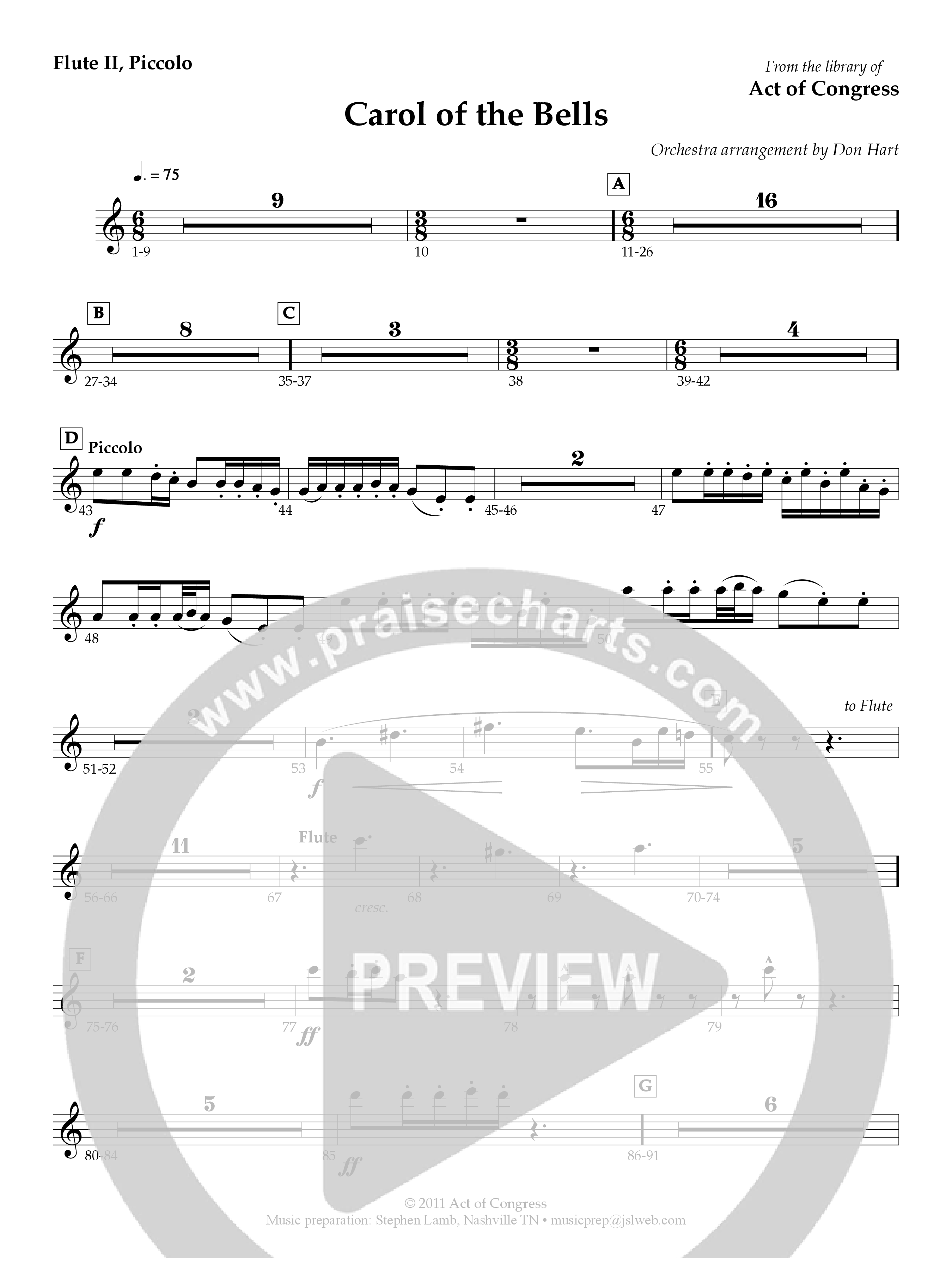 Carol Of The Bells Flute/Piccolo (Act Of Congress / Orch. Don Hart)