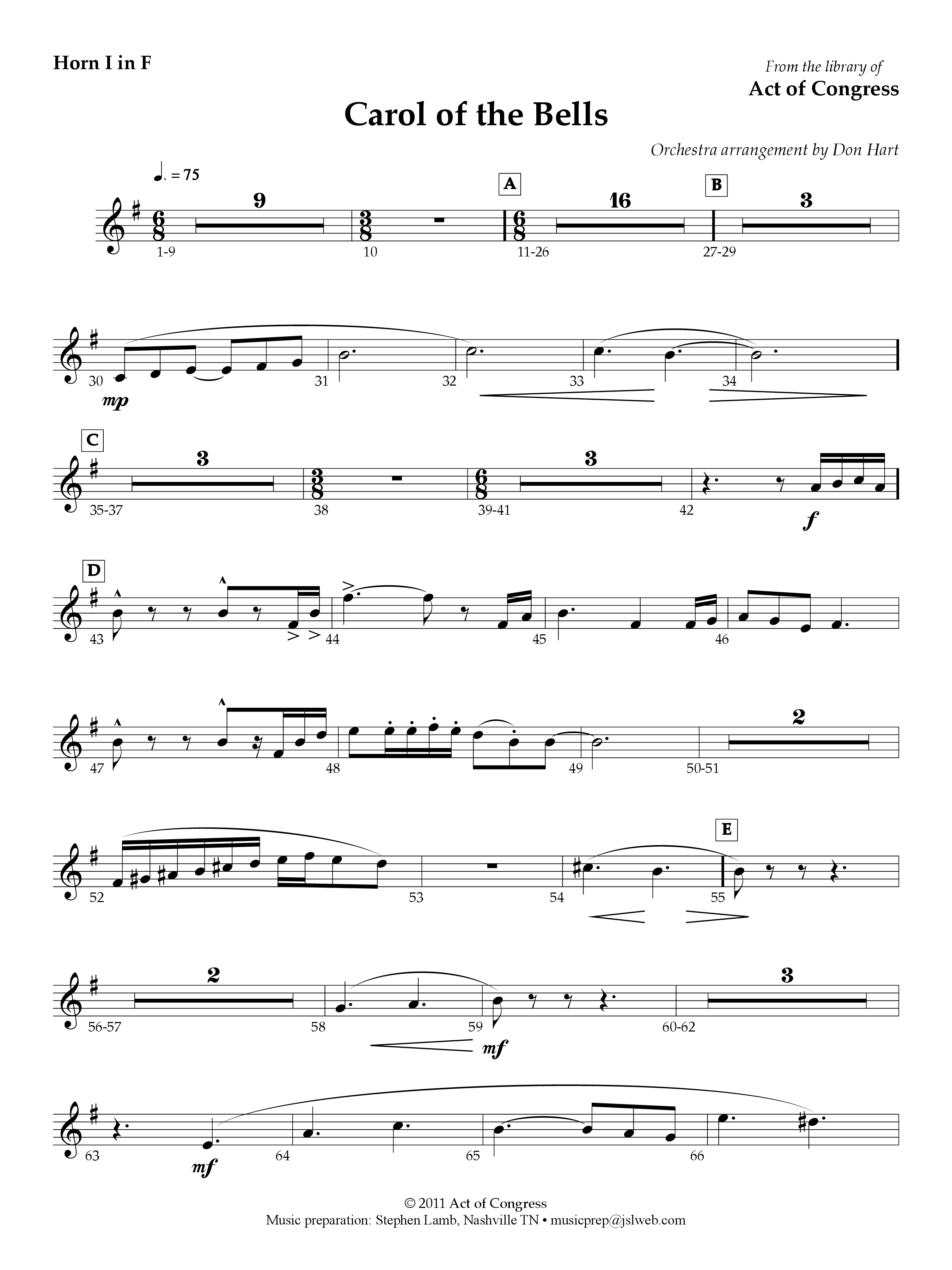 Carol Of The Bells French Horn (Act Of Congress / Orch. Don Hart)