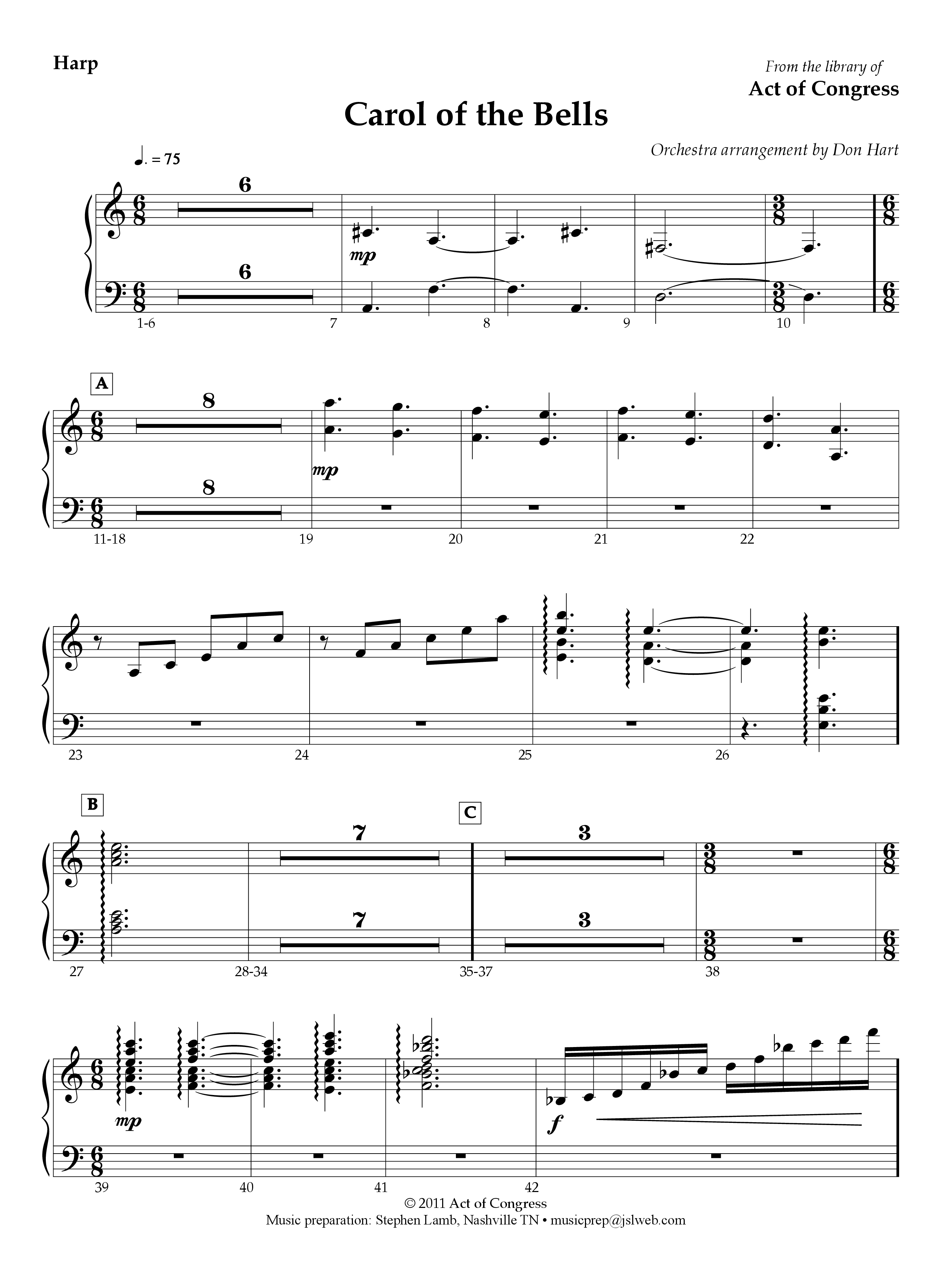 Carol Of The Bells Harp (Act Of Congress / Orch. Don Hart)