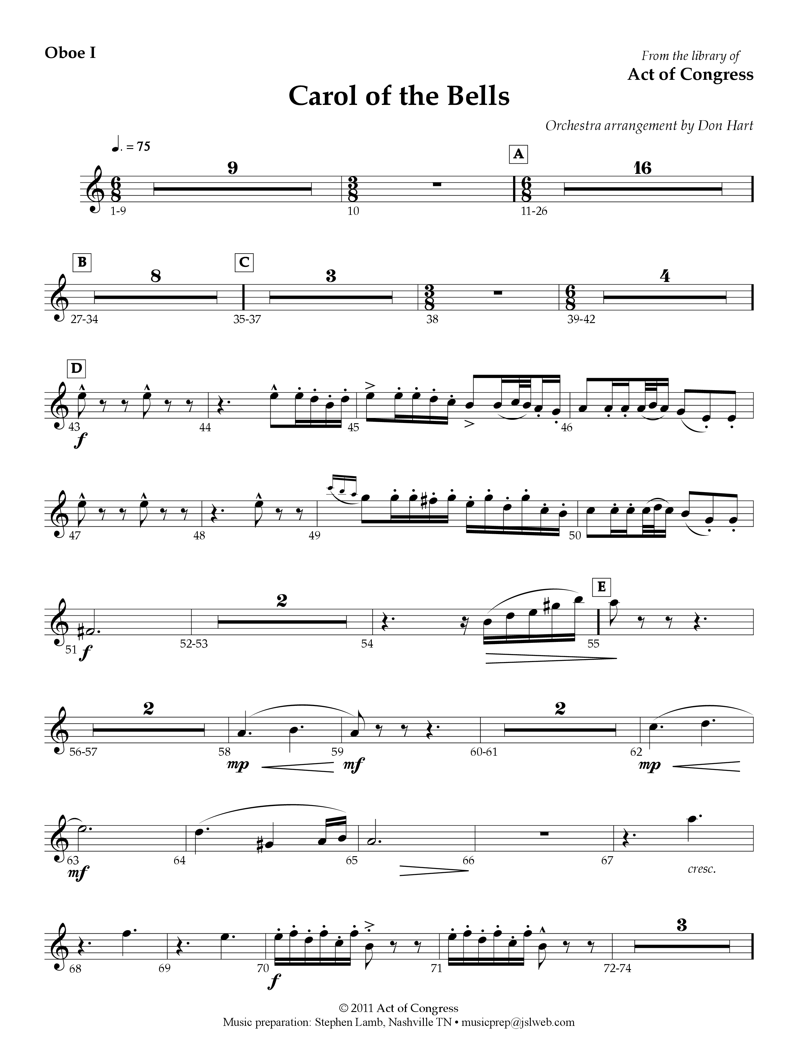 Carol Of The Bells Oboe 1/2 (Act Of Congress / Orch. Don Hart)