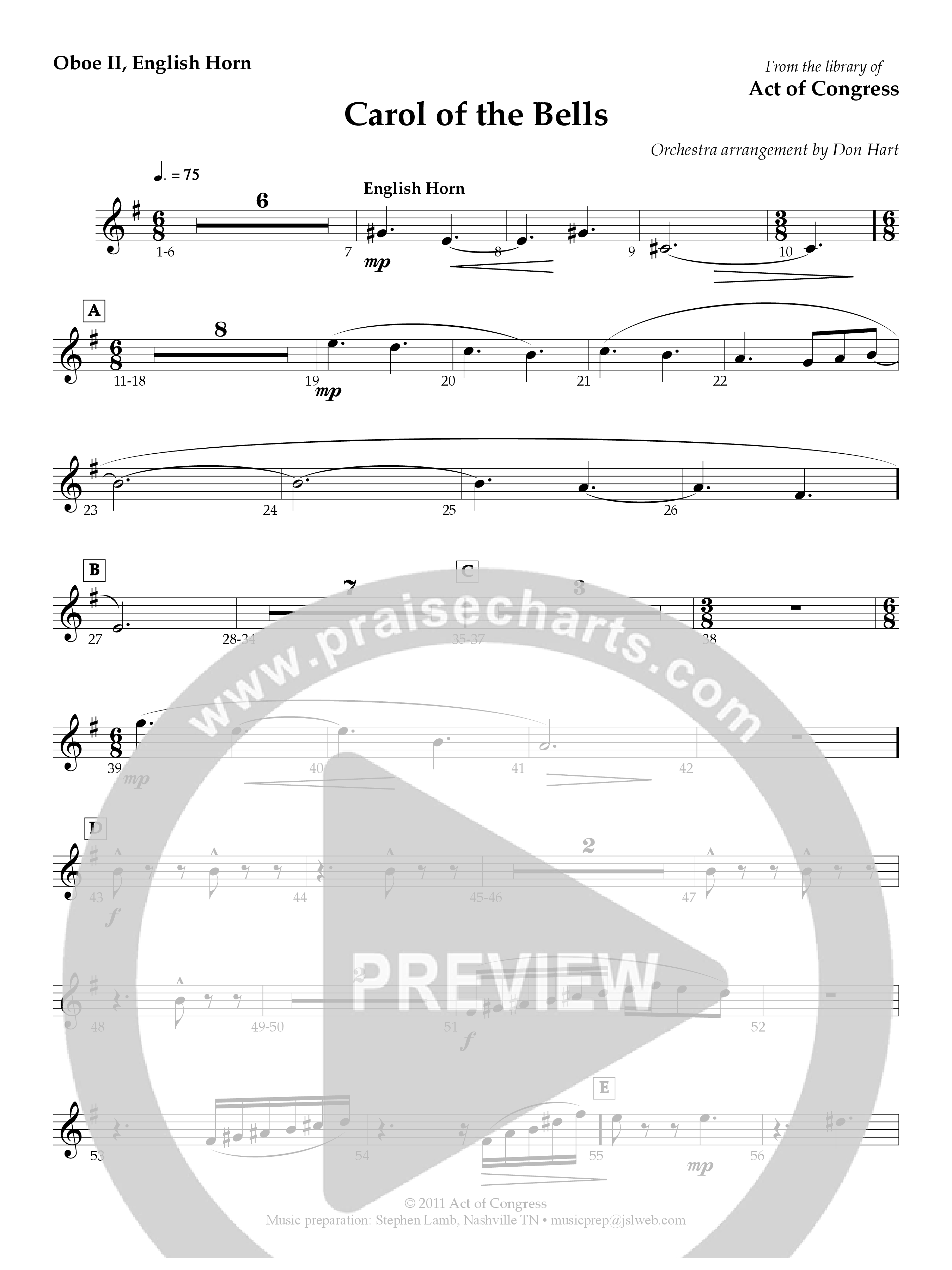 Carol Of The Bells Oboe 1/2 (Act Of Congress / Orch. Don Hart)