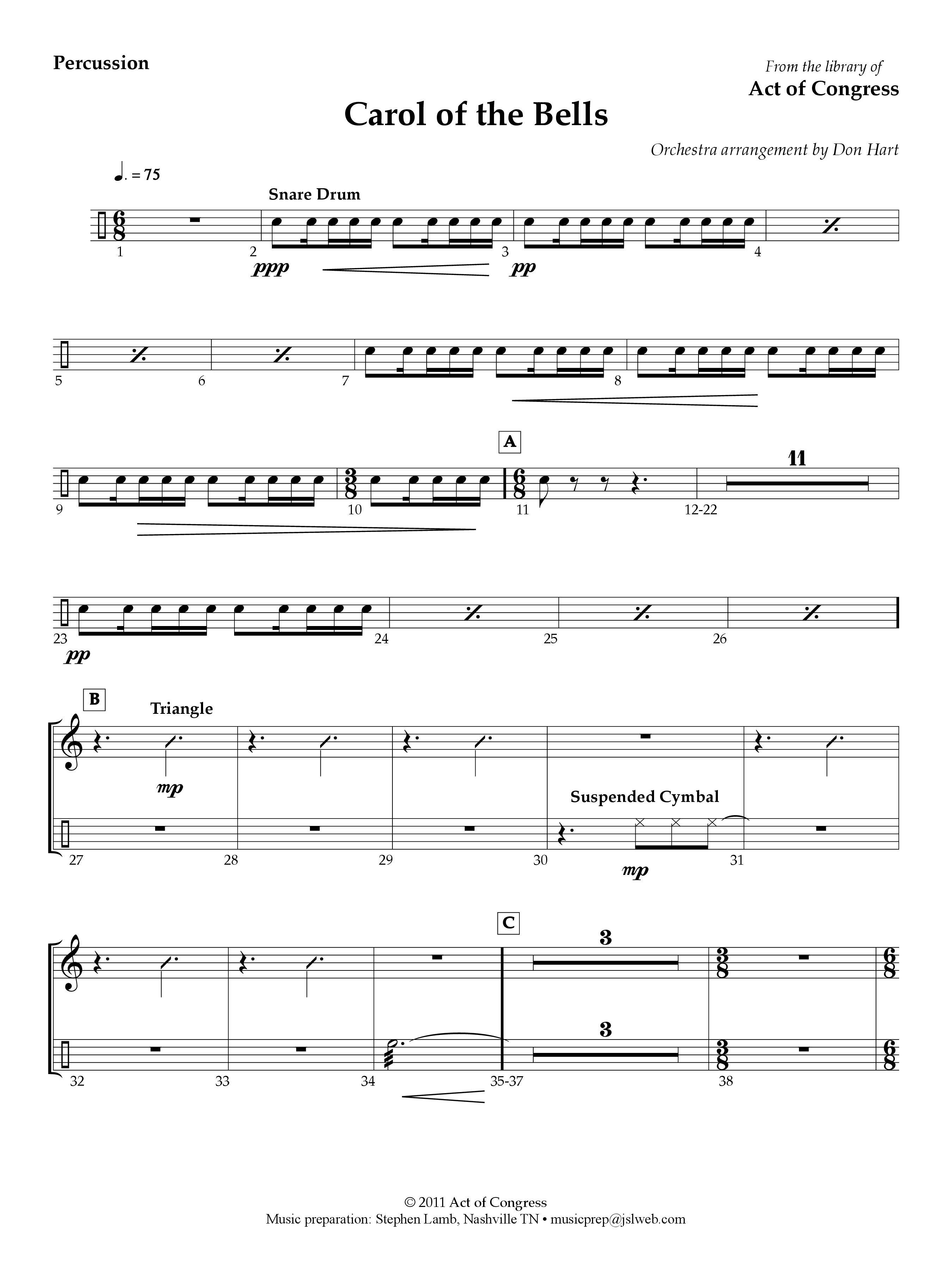 Carol Of The Bells Percussion (Act Of Congress / Orch. Don Hart)