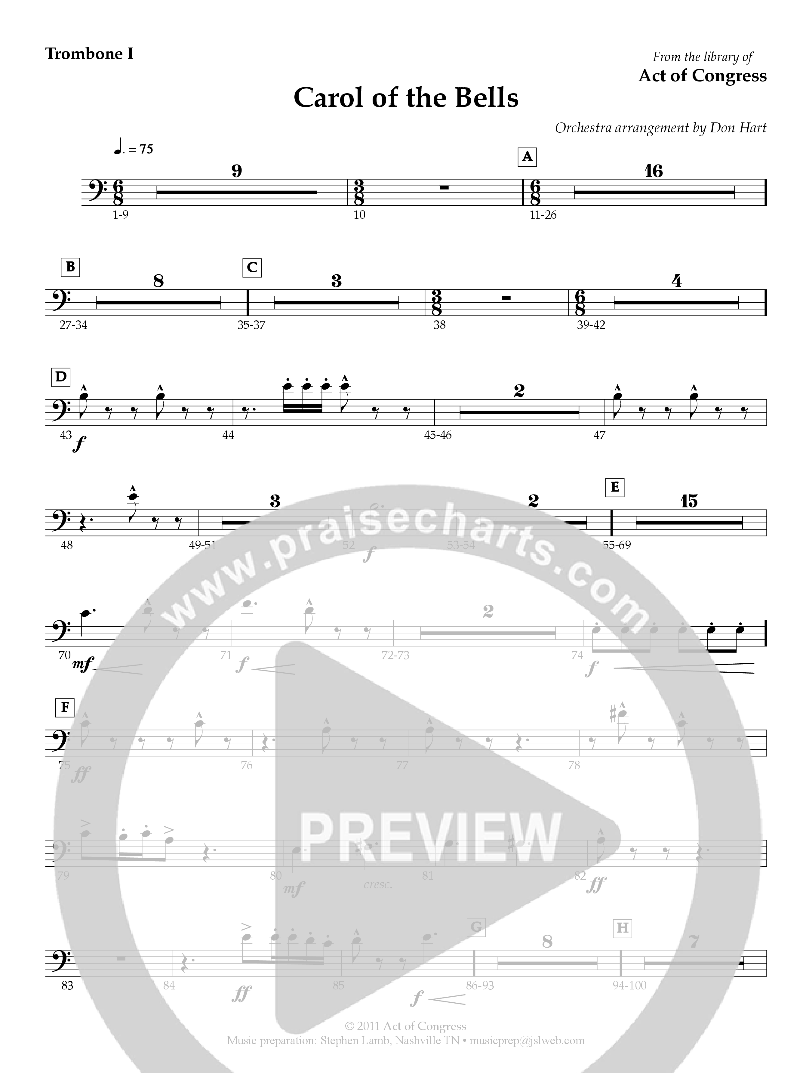 Carol Of The Bells Trombone 1 (Act Of Congress / Orch. Don Hart)