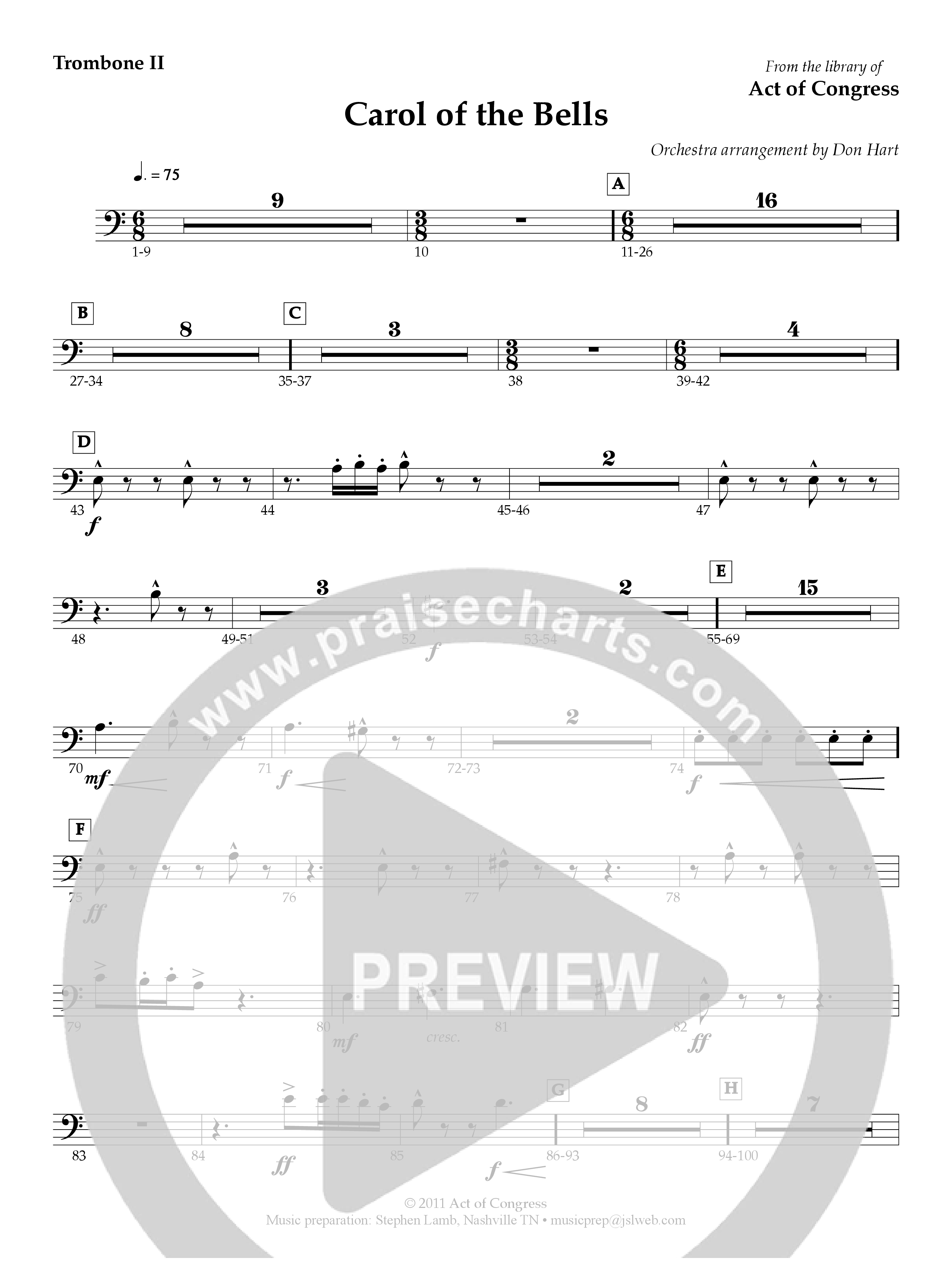 Carol Of The Bells Trombone 2 (Act Of Congress / Orch. Don Hart)