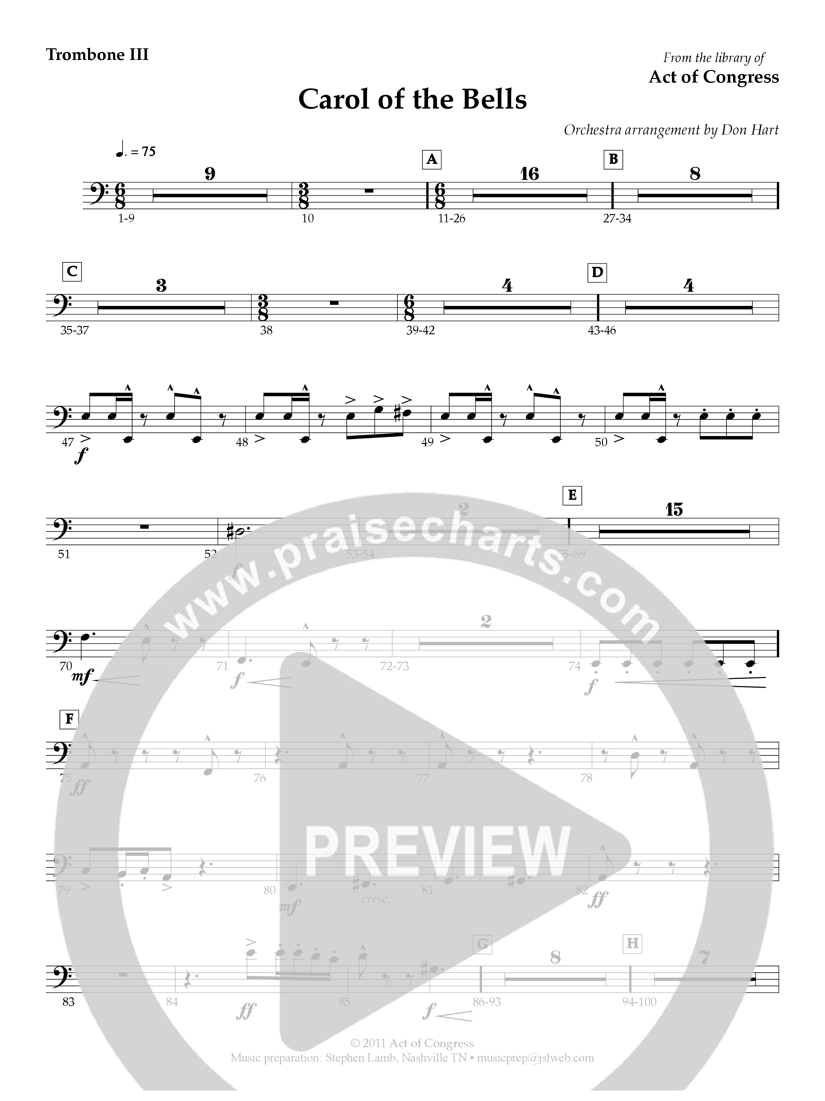 Carol Of The Bells Trombone 3 (Act Of Congress / Orch. Don Hart)