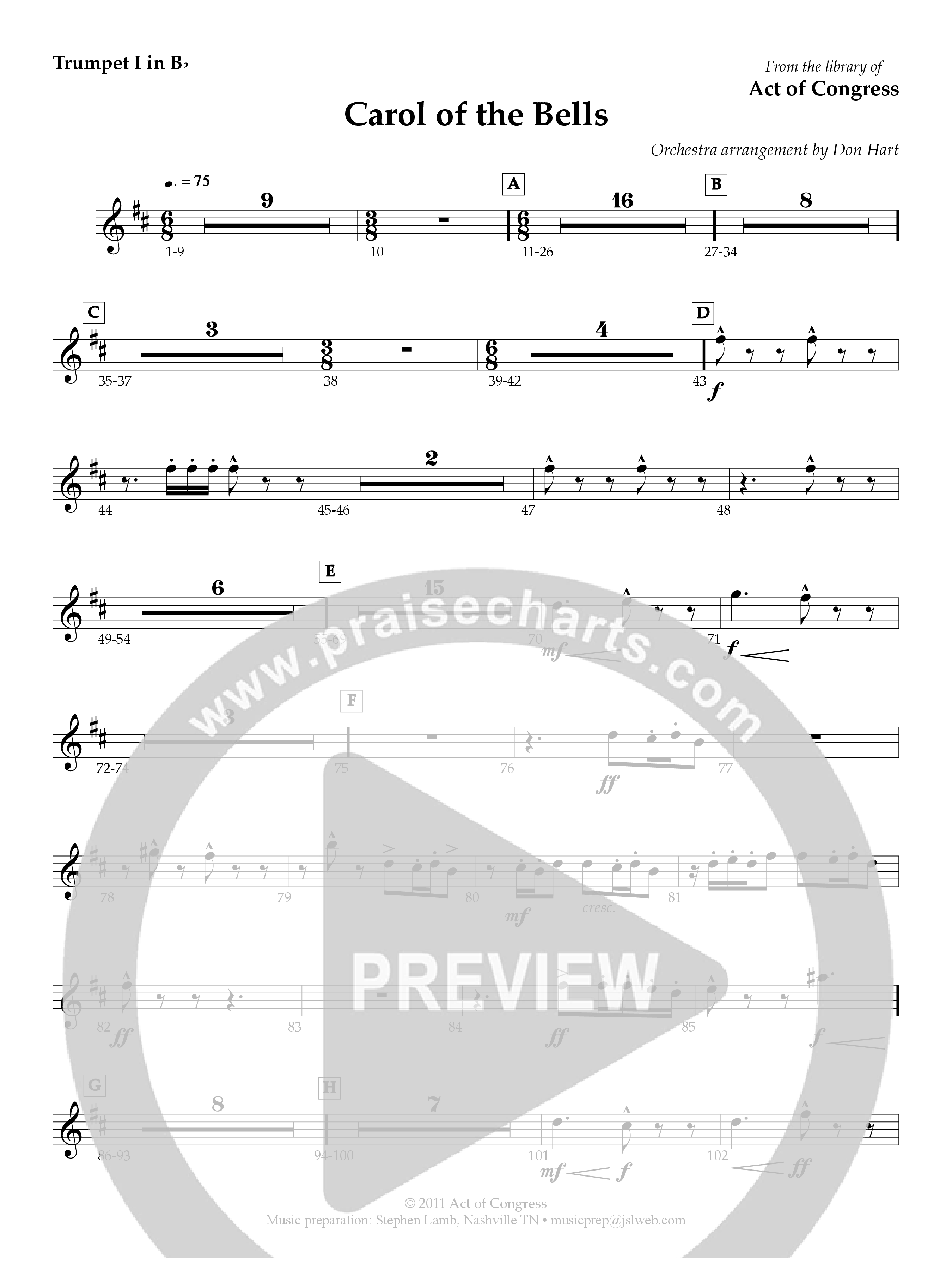 Carol Of The Bells Trumpet 1 (Act Of Congress / Orch. Don Hart)