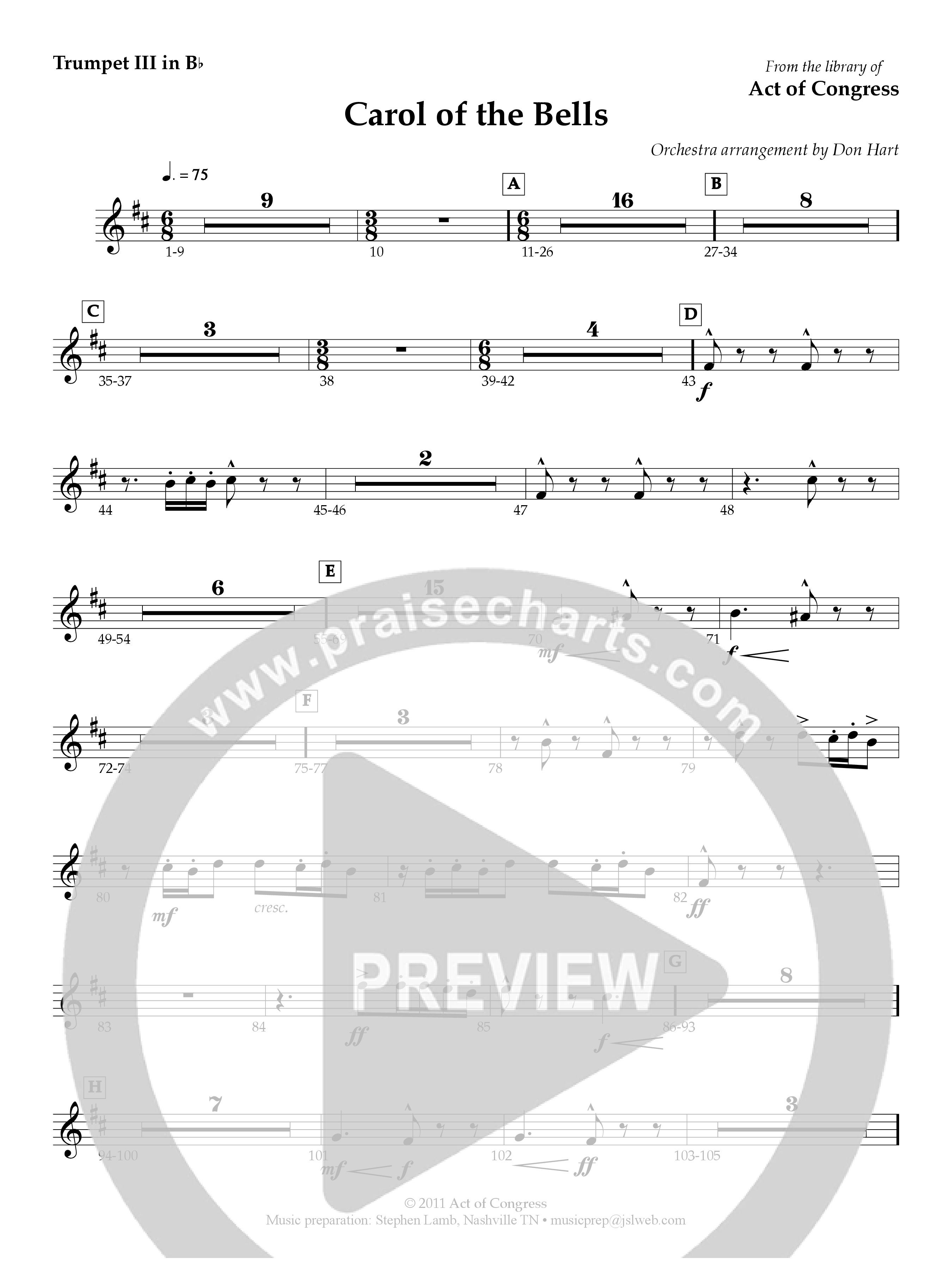 Carol Of The Bells Trumpet 3 (Act Of Congress / Orch. Don Hart)