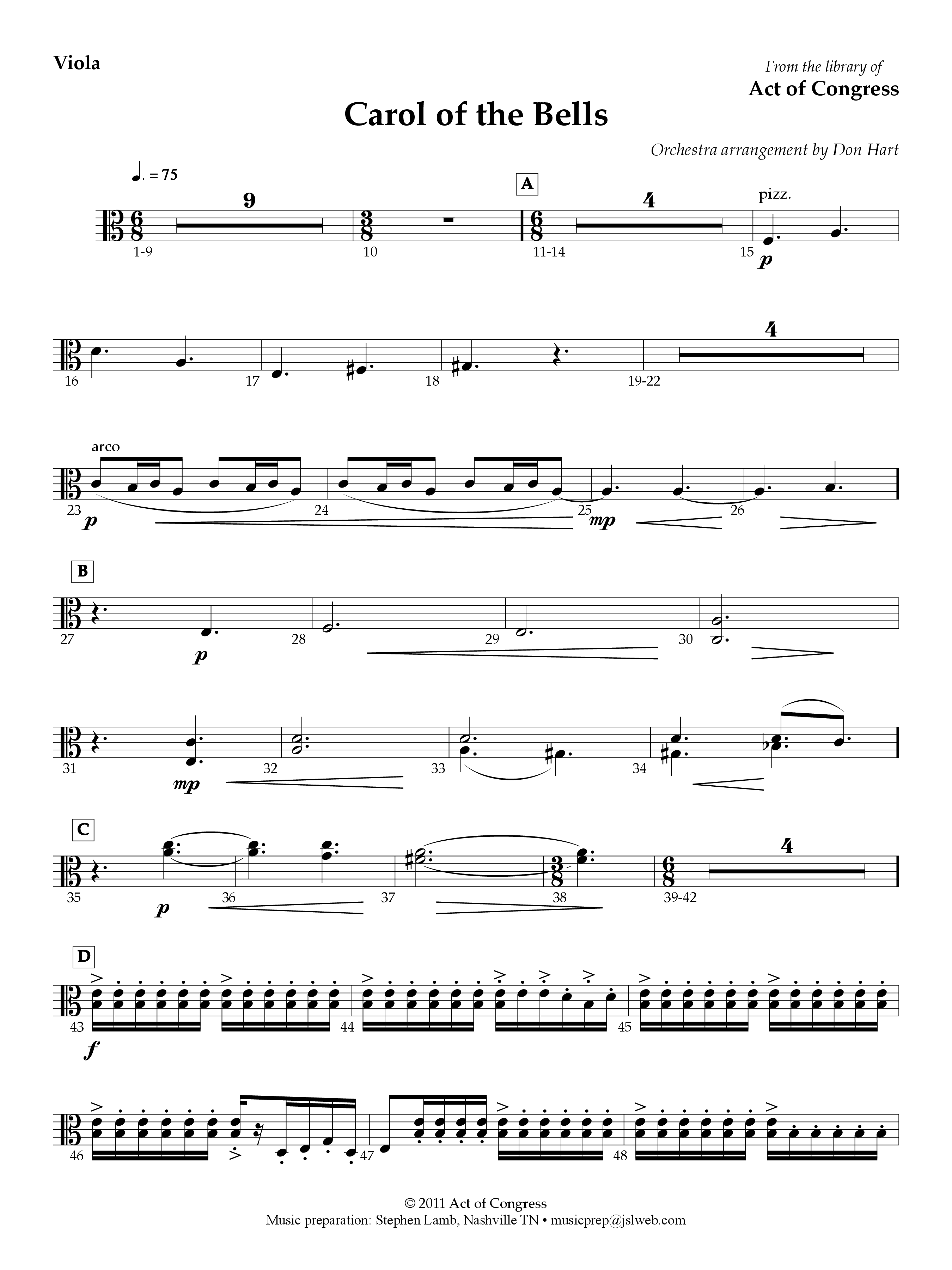 Carol Of The Bells Viola (Act Of Congress / Orch. Don Hart)