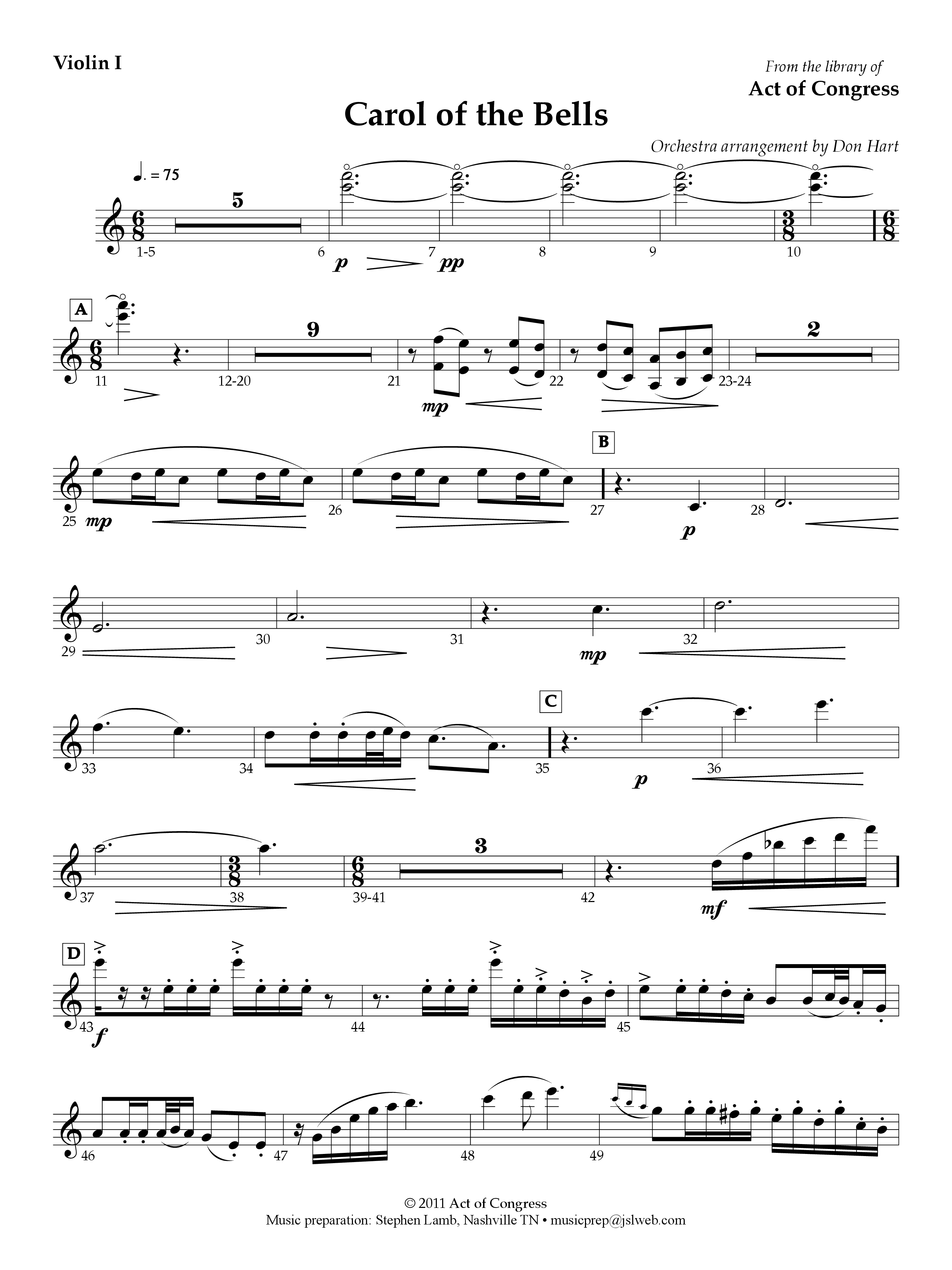 Carol Of The Bells String Pack (Act Of Congress / Orch. Don Hart)