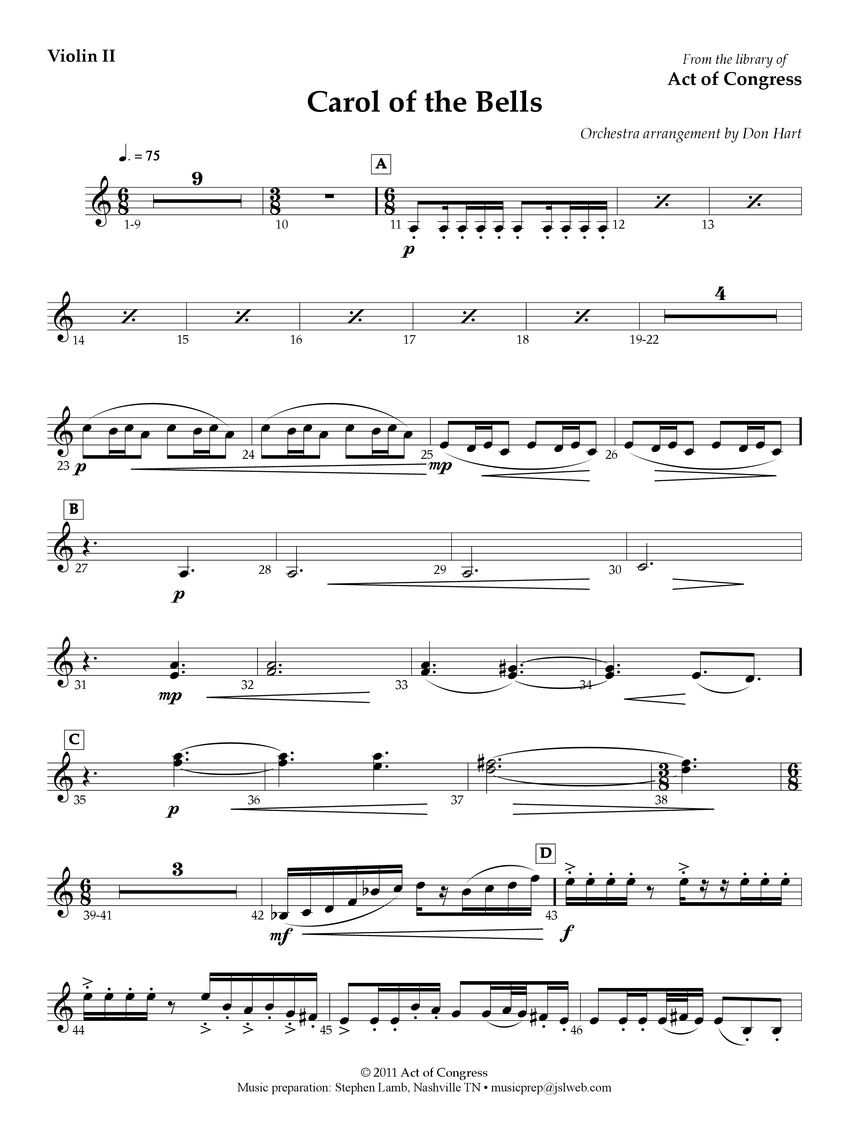 Carol Of The Bells Violin 2 (Act Of Congress / Orch. Don Hart)