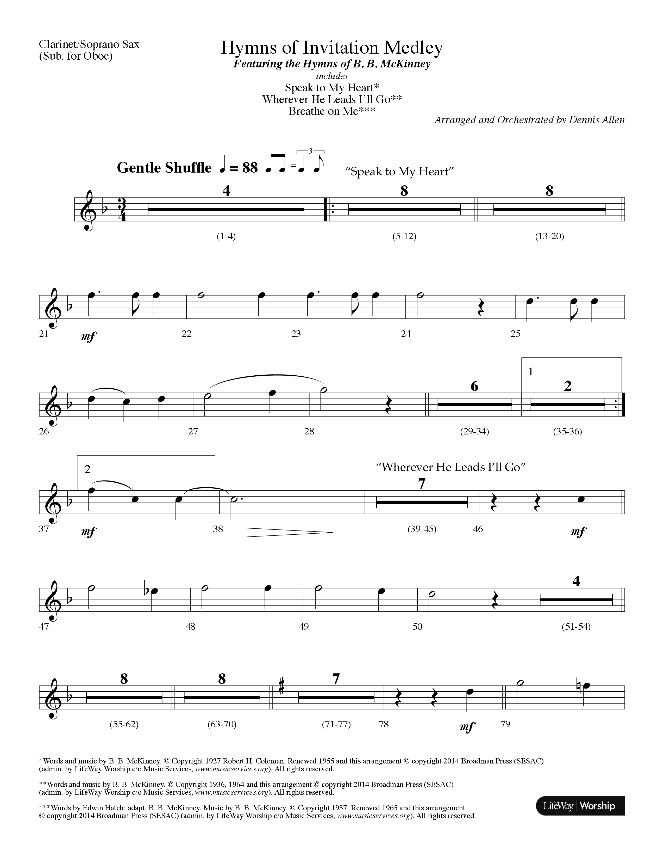 Hymns Of Invitation Medley (Speak To My Heart, Wherever He Leads I'll Go, Breathe On Me) (Choral Anthem SATB) Clarinet/Soprano Sax (Lifeway Choral / Arr. Dennis Allen)