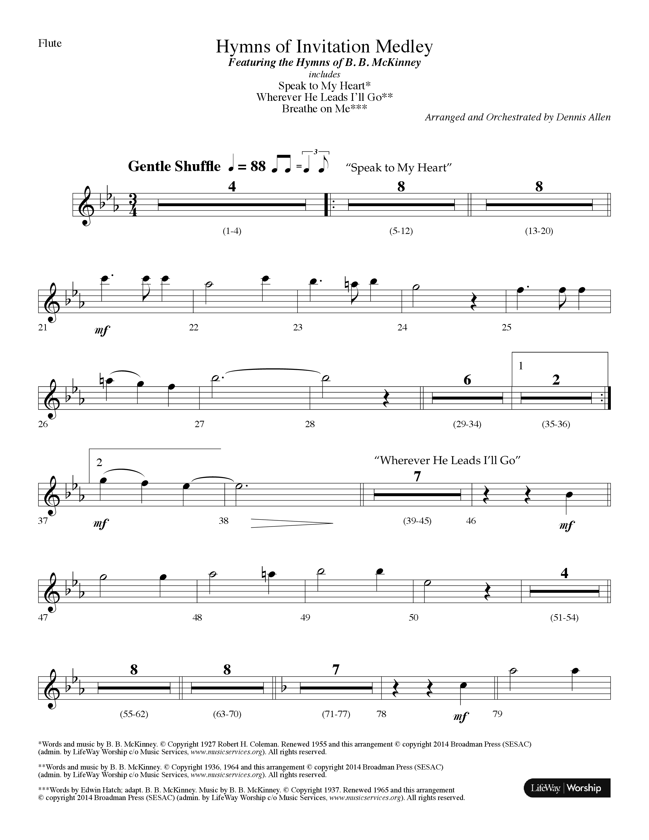 Hymns Of Invitation Medley (Speak To My Heart, Wherever He Leads I'll Go, Breathe On Me) (Choral Anthem SATB) Flute (Lifeway Choral / Arr. Dennis Allen)