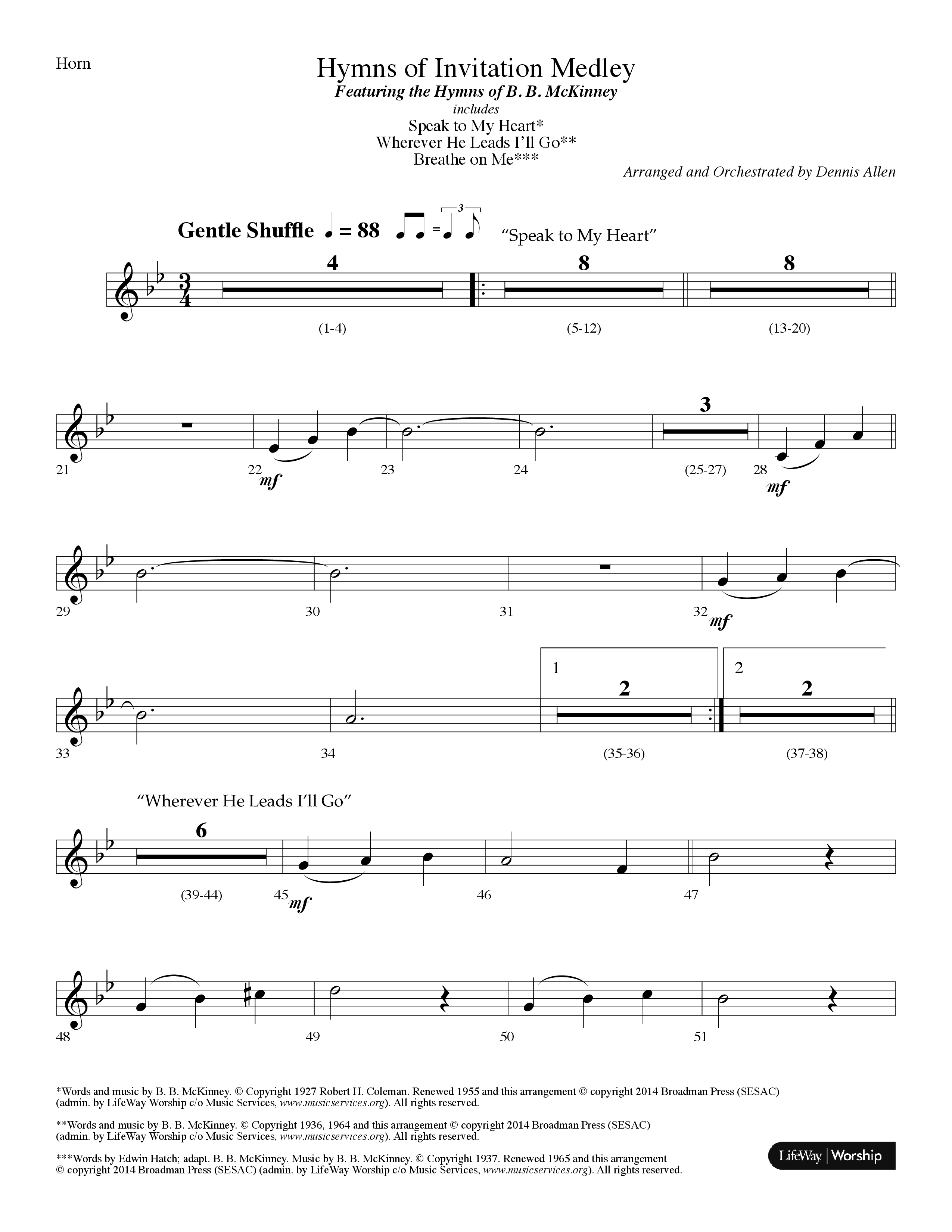 Hymns Of Invitation Medley (Speak To My Heart, Wherever He Leads I'll Go, Breathe On Me) (Choral Anthem SATB) French Horn (Lifeway Choral / Arr. Dennis Allen)