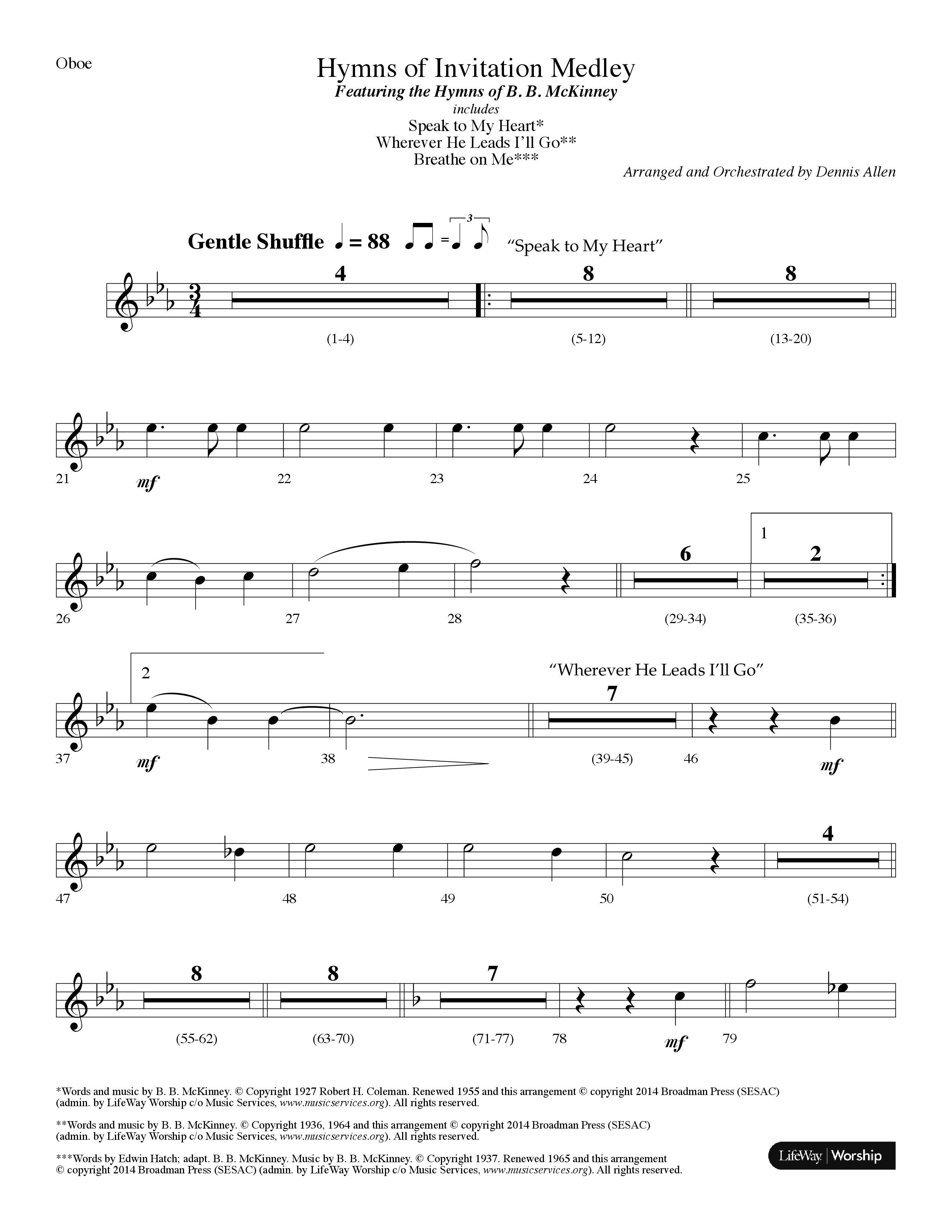 Hymns Of Invitation Medley (Speak To My Heart, Wherever He Leads I'll Go, Breathe On Me) (Choral Anthem SATB) Oboe (Lifeway Choral / Arr. Dennis Allen)