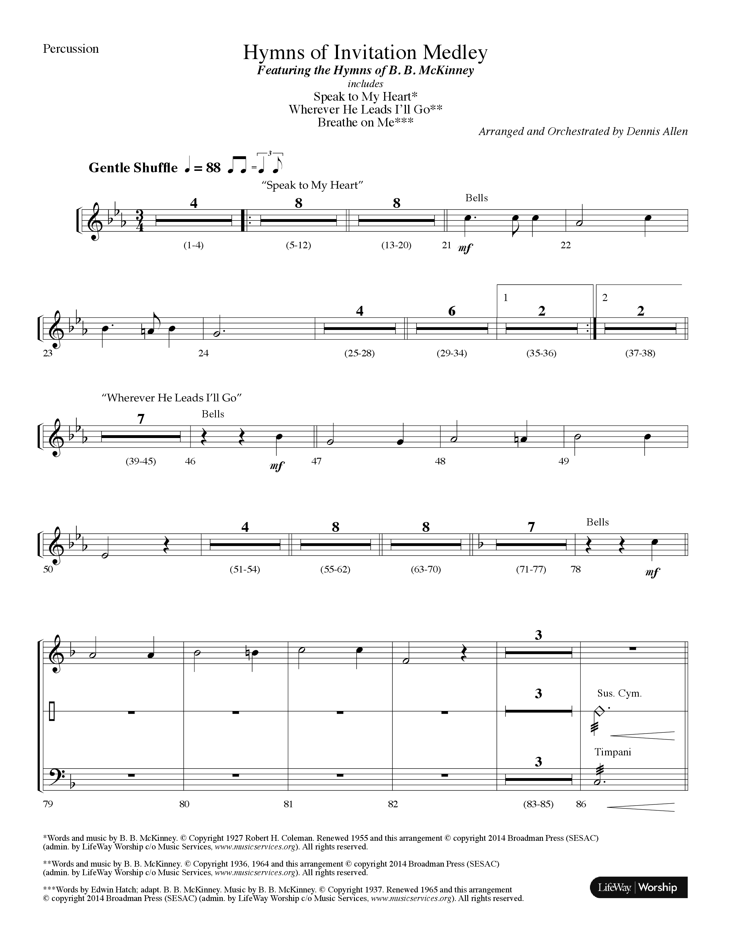 Hymns Of Invitation Medley (Speak To My Heart, Wherever He Leads I'll Go, Breathe On Me) (Choral Anthem SATB) Percussion (Lifeway Choral / Arr. Dennis Allen)