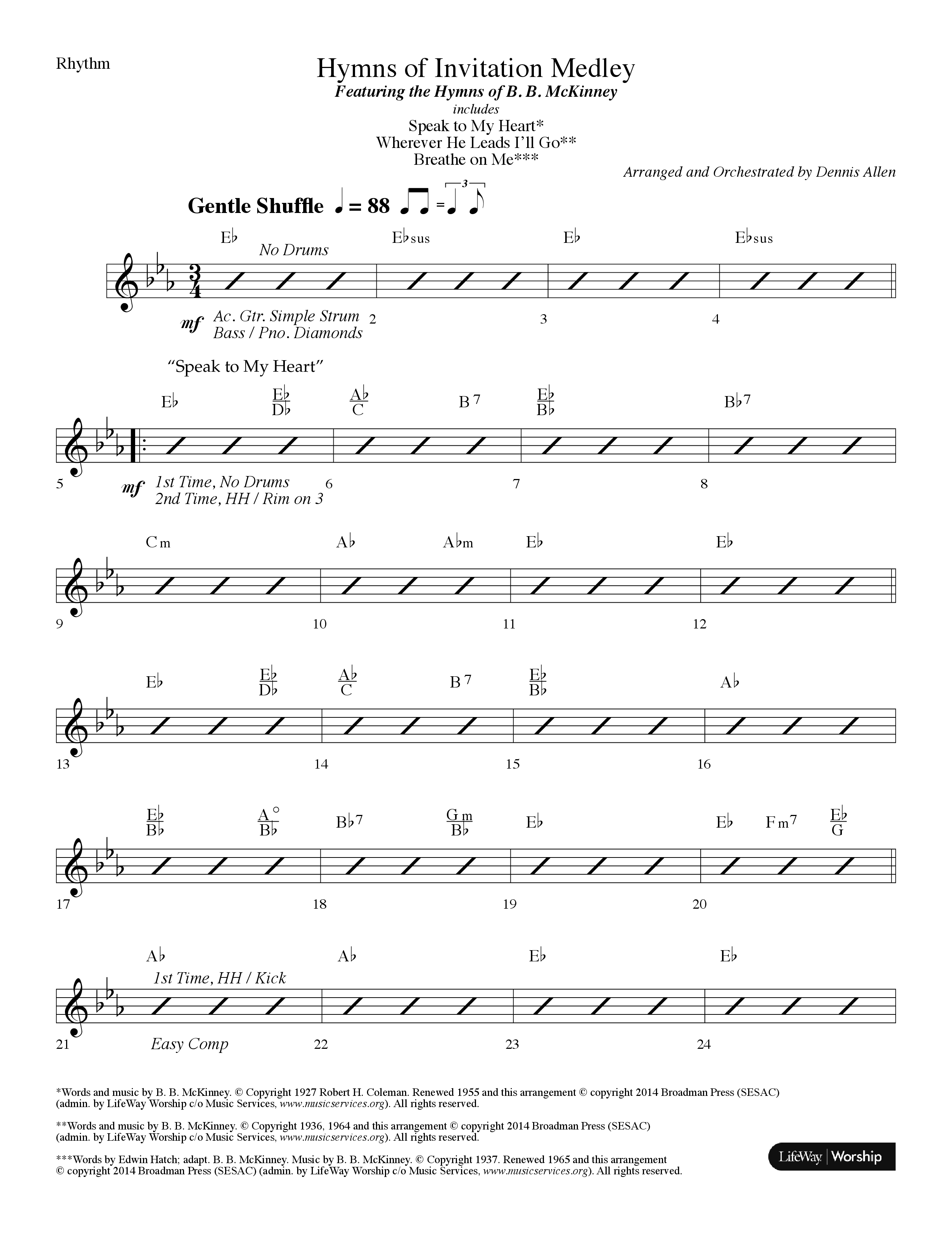 Hymns Of Invitation Medley (Speak To My Heart, Wherever He Leads I'll Go, Breathe On Me) (Choral Anthem SATB) Rhythm Chart (Lifeway Choral / Arr. Dennis Allen)