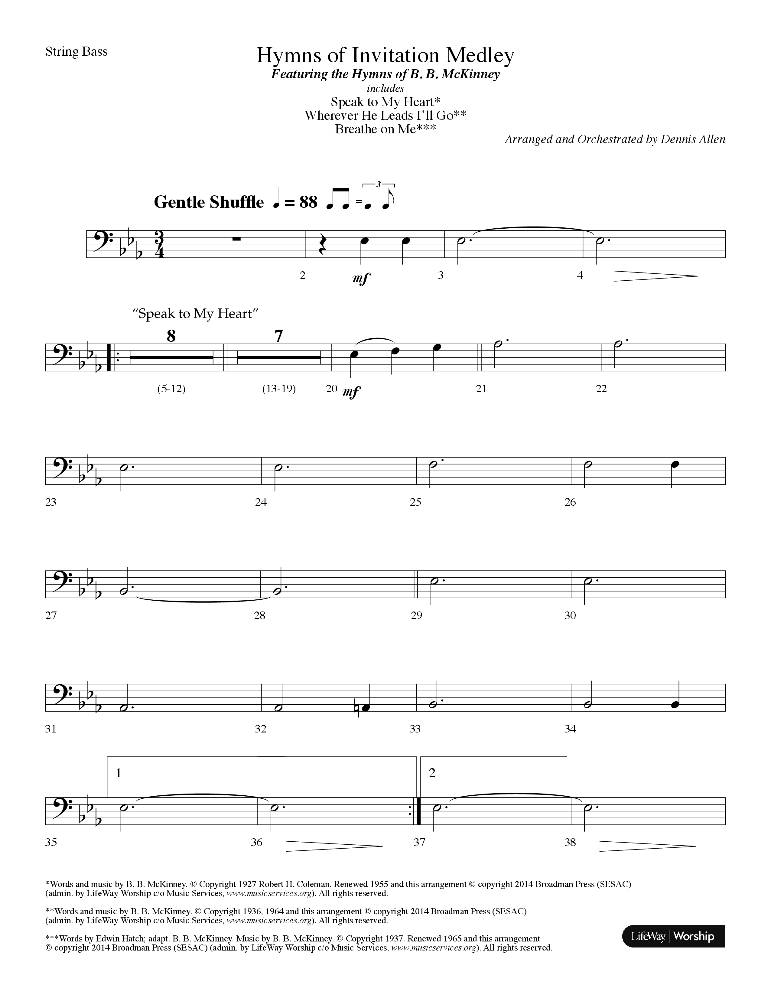 Hymns Of Invitation Medley (Speak To My Heart, Wherever He Leads I'll Go, Breathe On Me) (Choral Anthem SATB) String Bass (Lifeway Choral / Arr. Dennis Allen)
