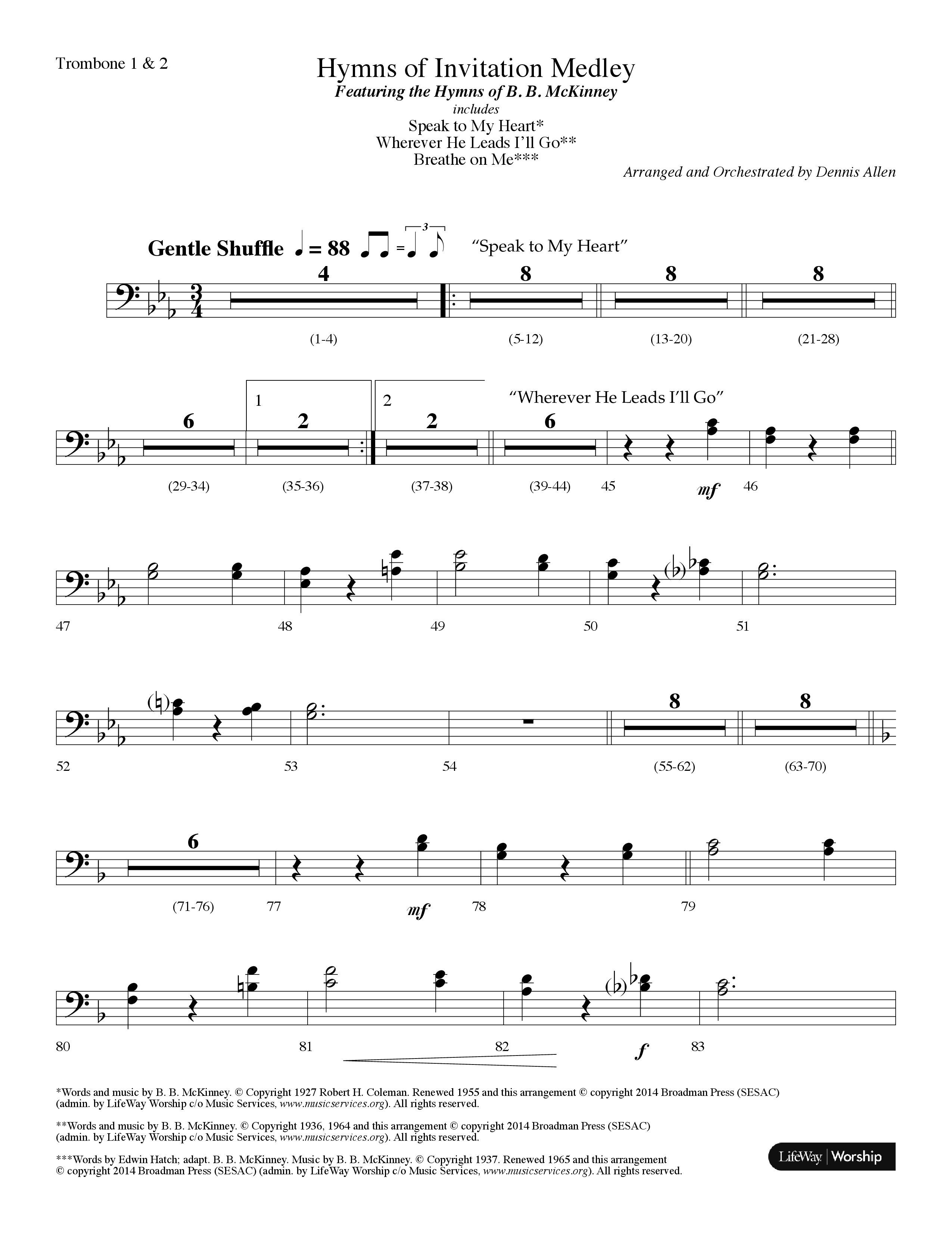 Hymns Of Invitation Medley (Speak To My Heart, Wherever He Leads I'll Go, Breathe On Me) (Choral Anthem SATB) Trombone 1/2 (Lifeway Choral / Arr. Dennis Allen)