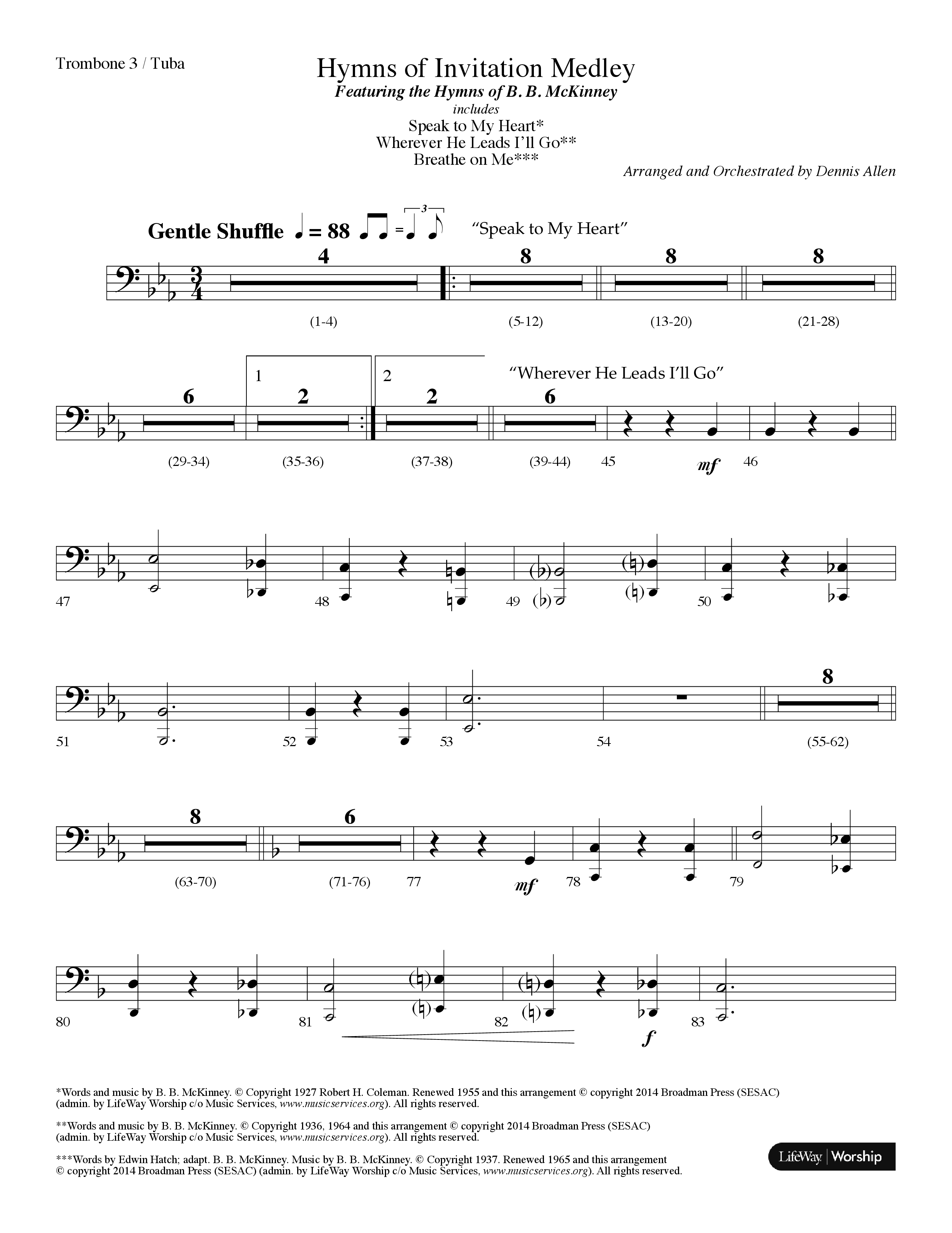Hymns Of Invitation Medley (Speak To My Heart, Wherever He Leads I'll Go, Breathe On Me) (Choral Anthem SATB) Trombone 3/Tuba (Lifeway Choral / Arr. Dennis Allen)