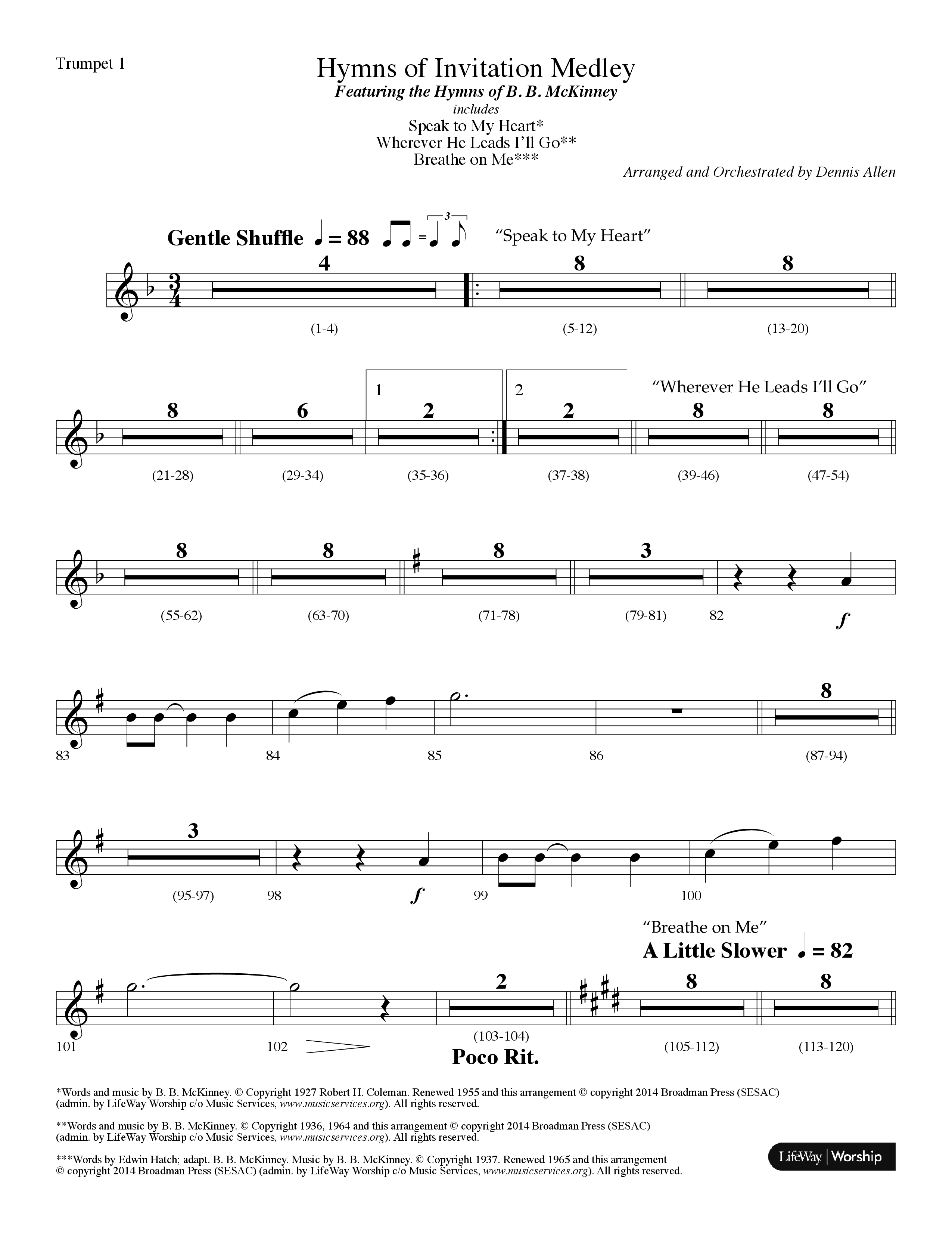 Hymns Of Invitation Medley (Speak To My Heart, Wherever He Leads I'll Go, Breathe On Me) (Choral Anthem SATB) Trumpet 1 (Lifeway Choral / Arr. Dennis Allen)