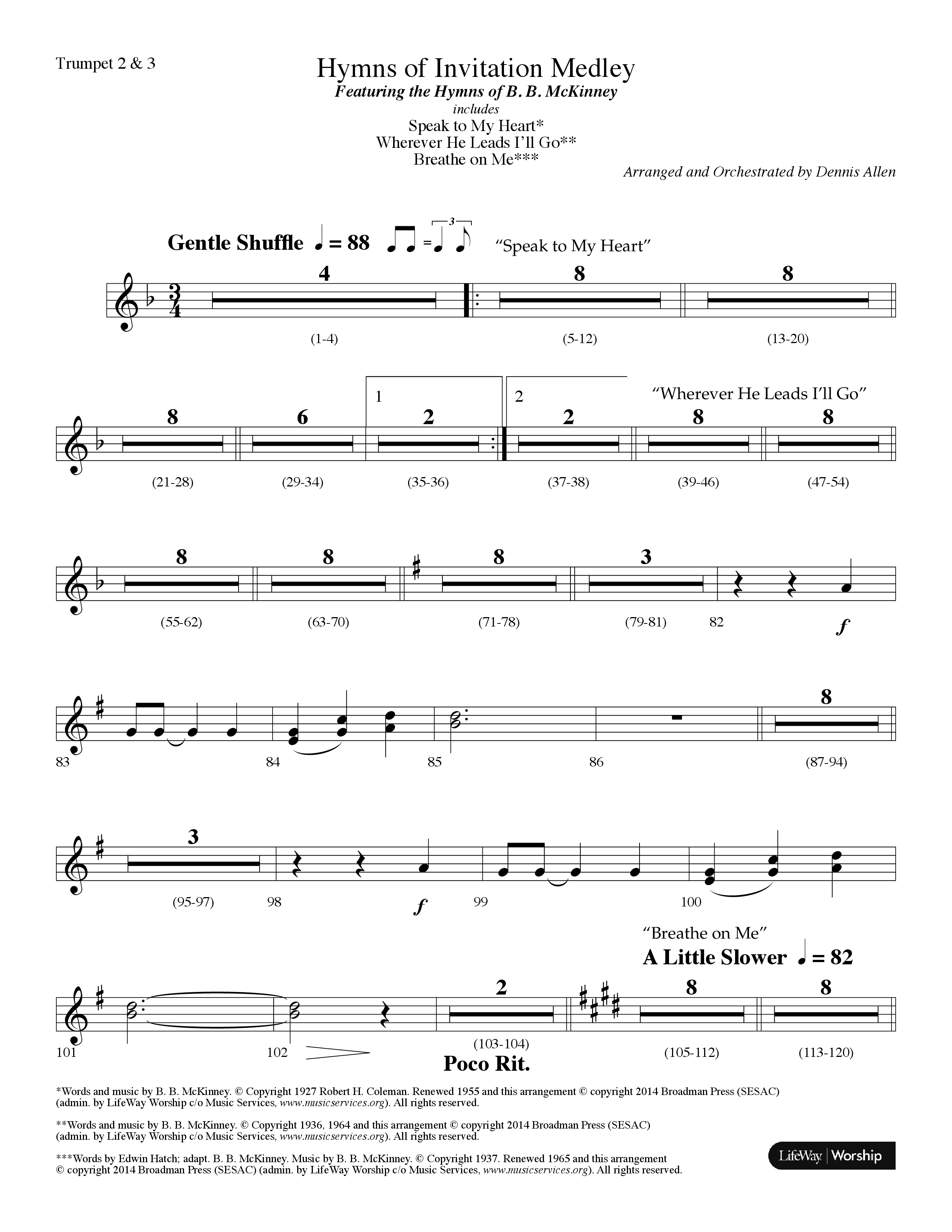 Hymns Of Invitation Medley (Speak To My Heart, Wherever He Leads I'll Go, Breathe On Me) (Choral Anthem SATB) Trumpet 2/3 (Lifeway Choral / Arr. Dennis Allen)