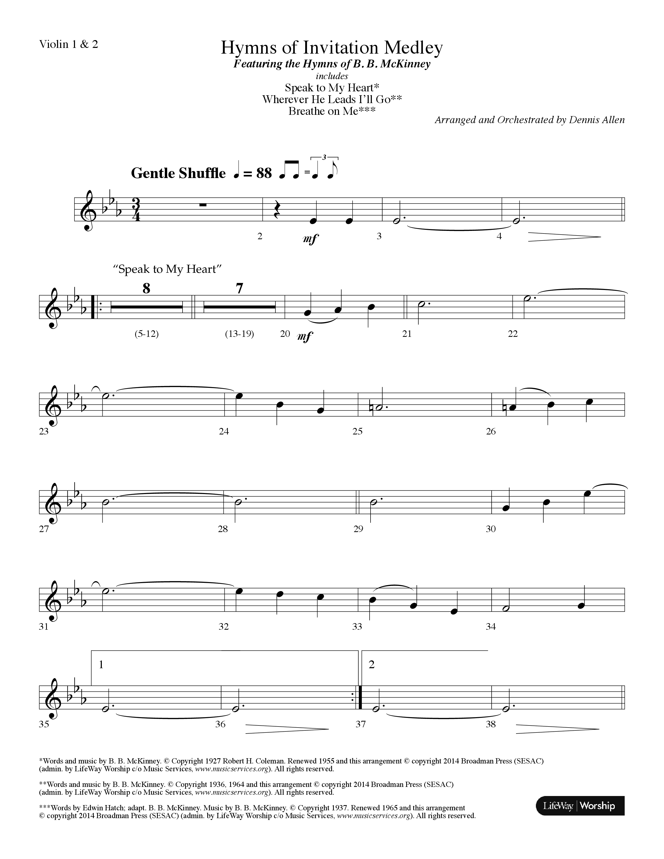 Hymns Of Invitation Medley (Speak To My Heart, Wherever He Leads I'll Go, Breathe On Me) (Choral Anthem SATB) Violin 1/2 (Lifeway Choral / Arr. Dennis Allen)